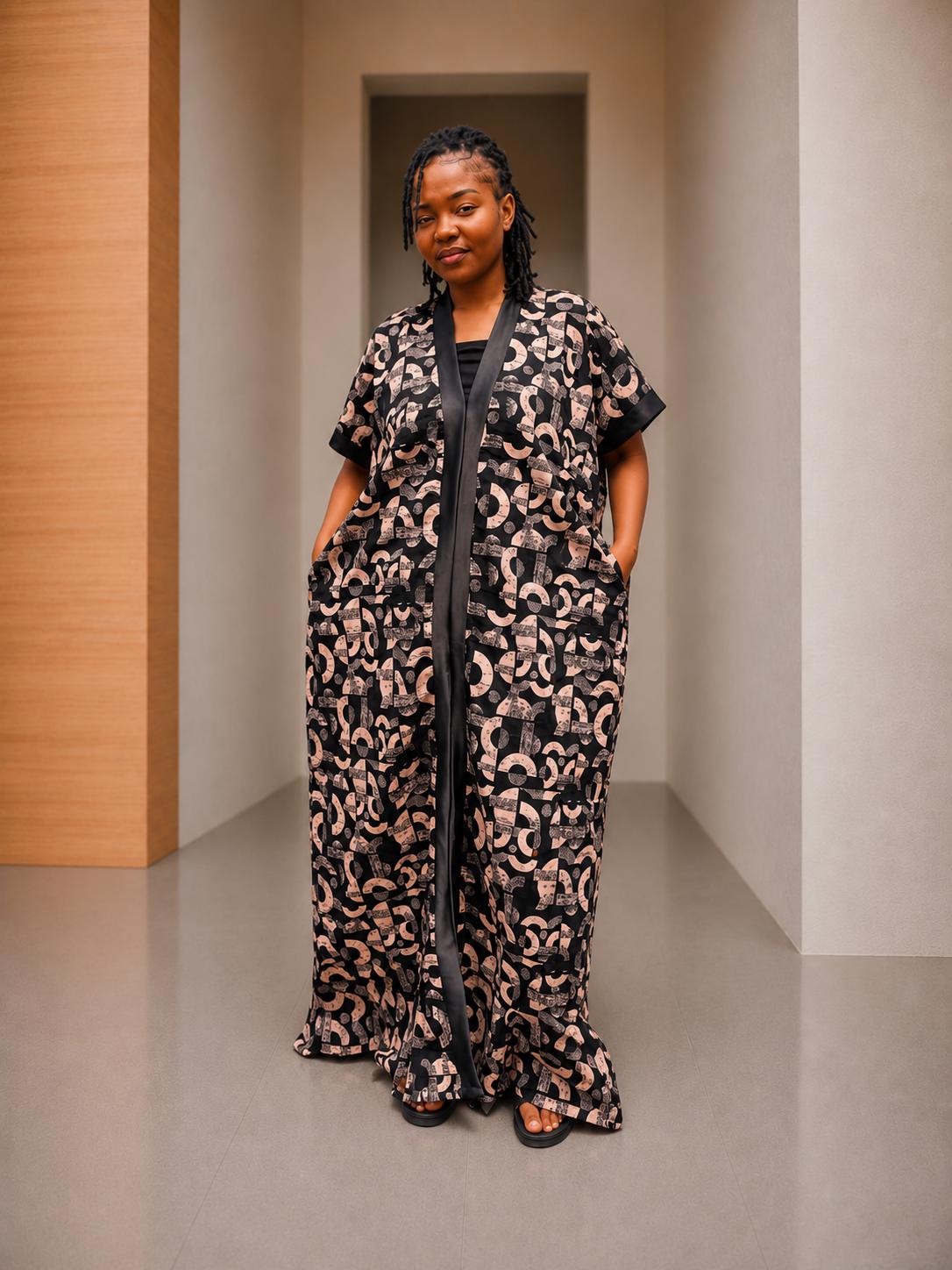 Open-Front Ankara Kaftan | Silk-Trimmed Boubou Gown, Monochromatic Bubu