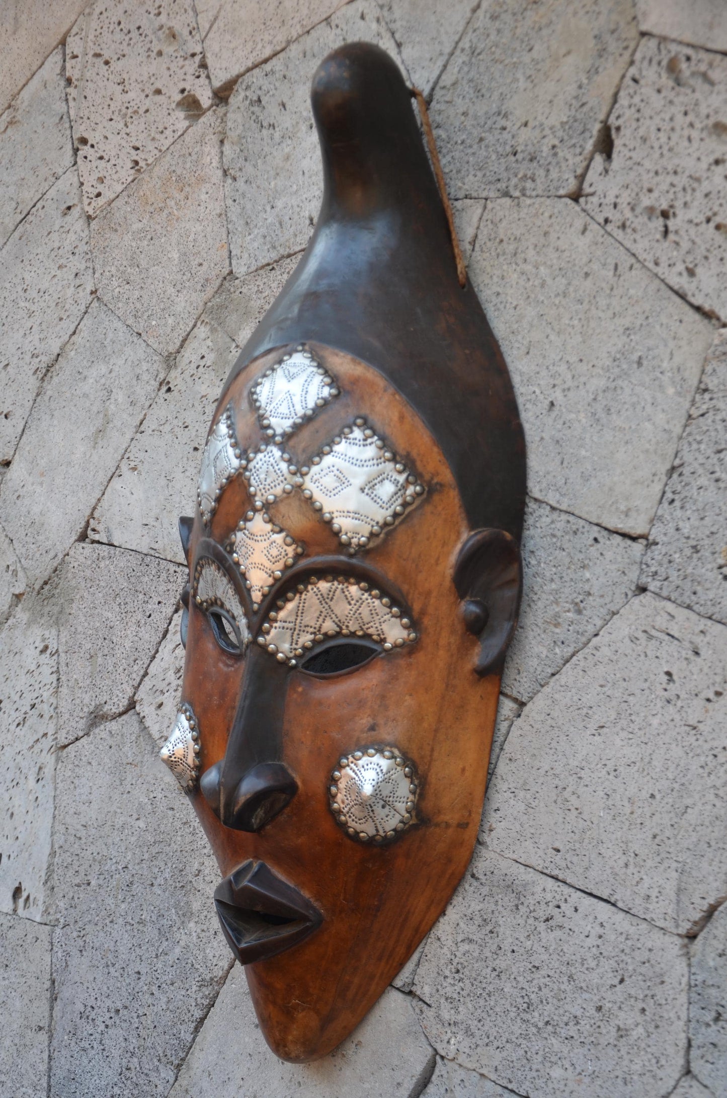 Marka African Mask – 35" Large Hand-Carved Wood & Brass Mask – Mali Wall Art.