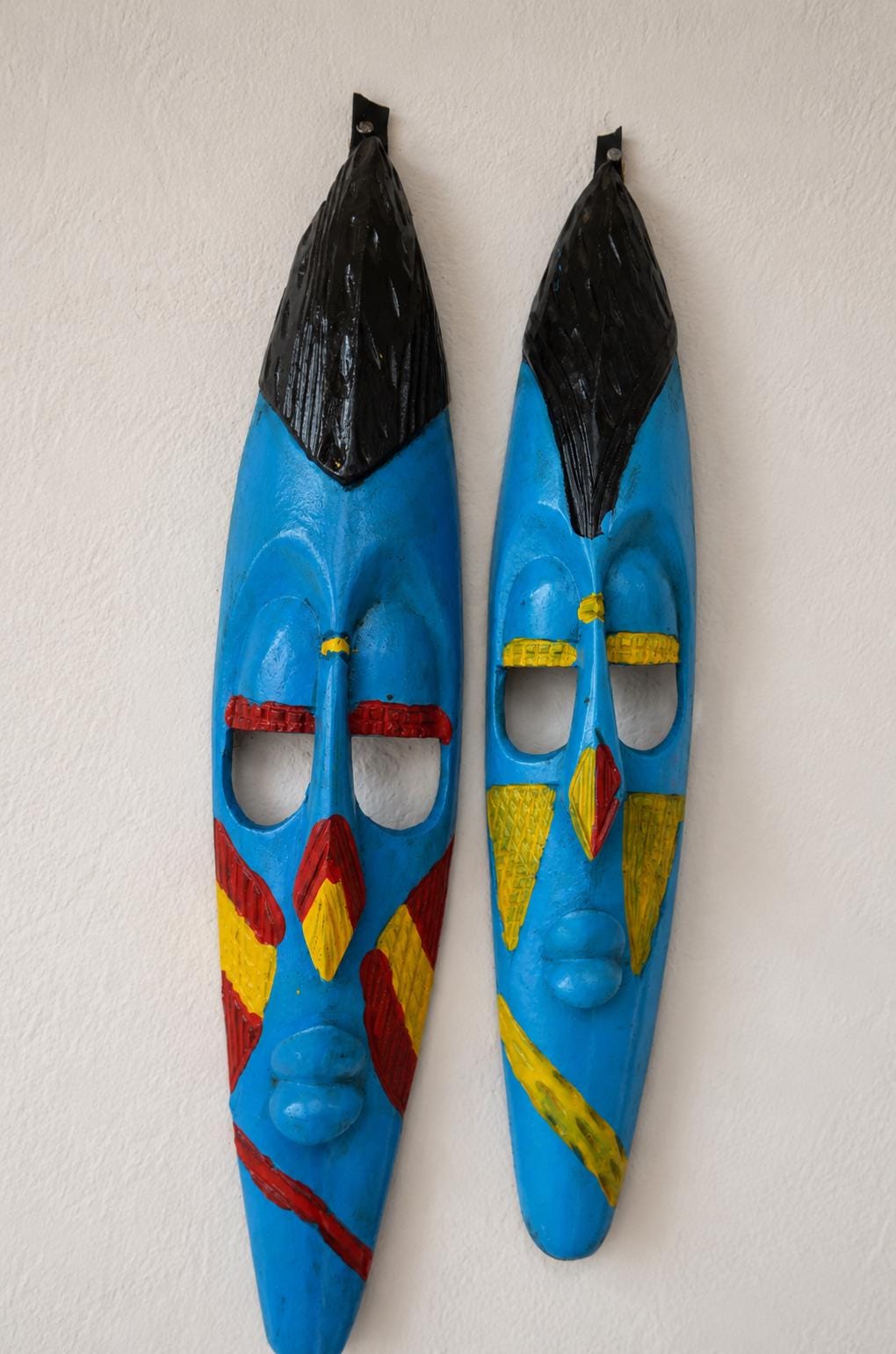 Hand-Carved Nyiginya Kingdom Cobalt Blue Wooden Facemask Couple | African Tribal Wall Art Decor