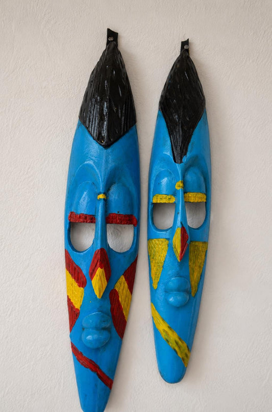 Hand-Carved Nyiginya Kingdom Cobalt Blue Wooden Facemask Couple | African Tribal Wall Art Decor
