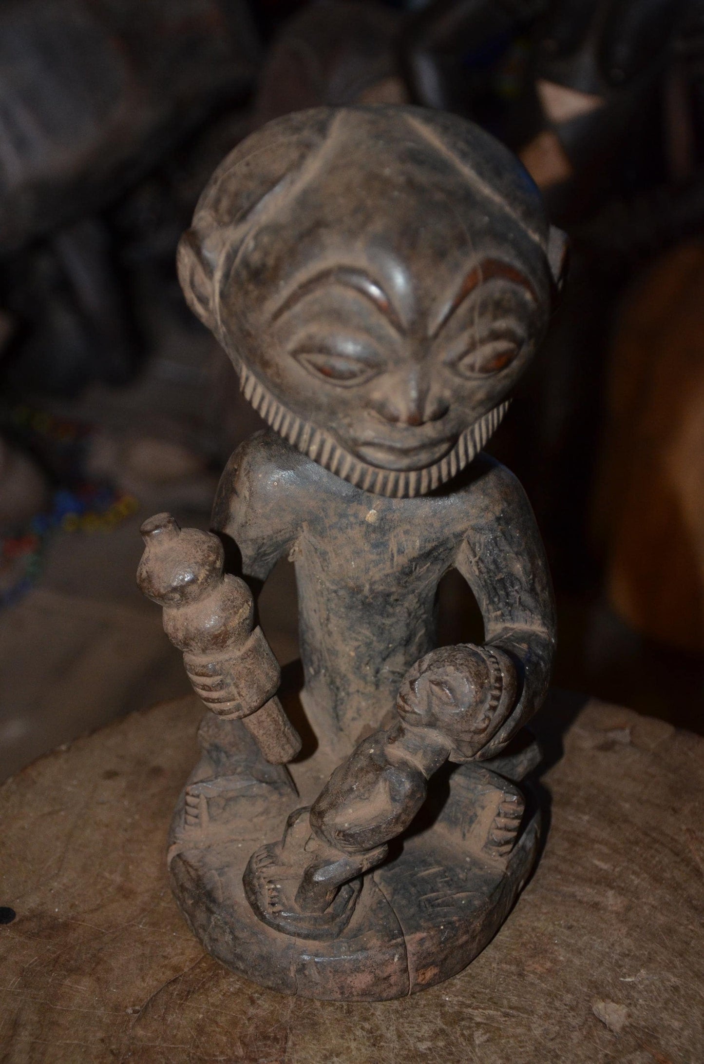 Luba Hemba Ancestor Figure | Seated Chief with Staff & Child | Tribal Wood Statue