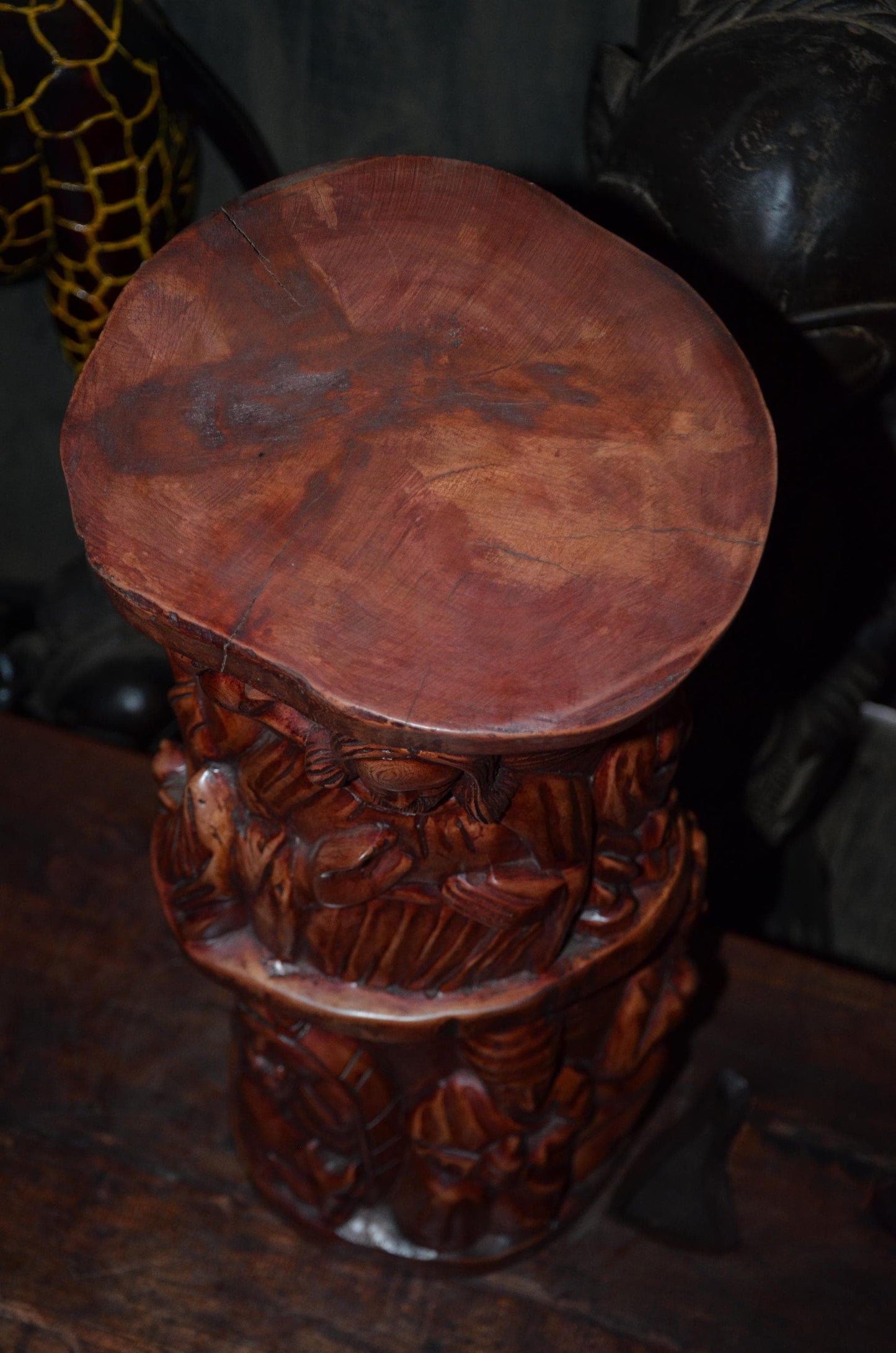 African Carved Wooden Stool | Relief Side Table | Handmade Tribal Furniture