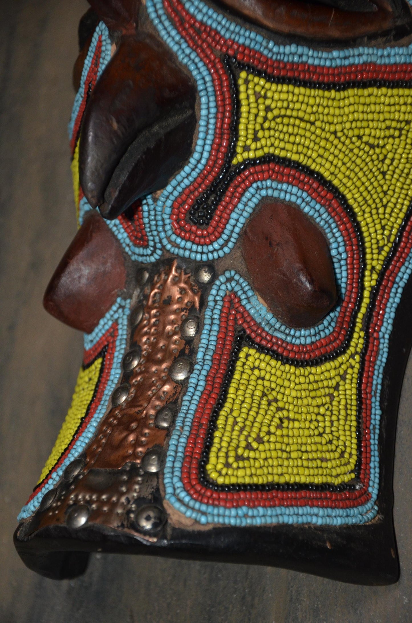 Beaded Rooster Mask – 12" Hand-Carved Wood Tribal Bird Mask – Wall Decor.