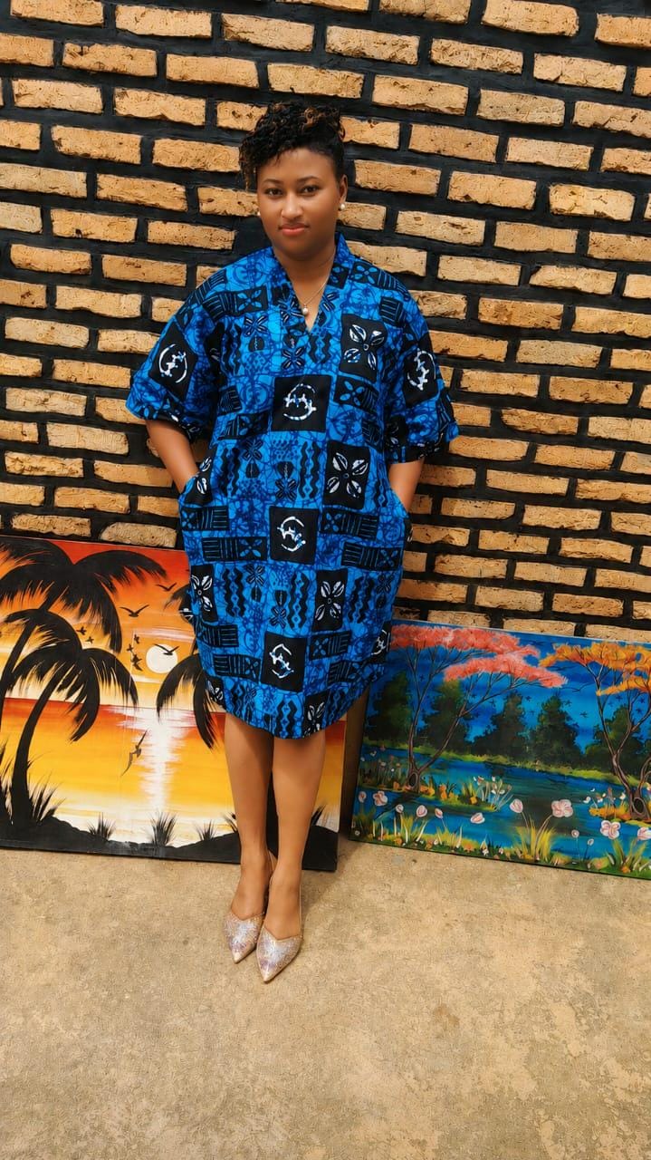 Ocean Breeze Short Dress | Blue Black Ankara Knee Length | Casual Chic African Print Gown
