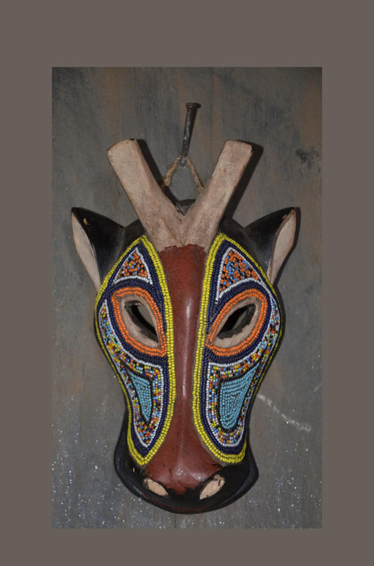 Beaded Antelope Mask – 11" Hand-Carved Wood Tribal Animal Mask – Wall Art.