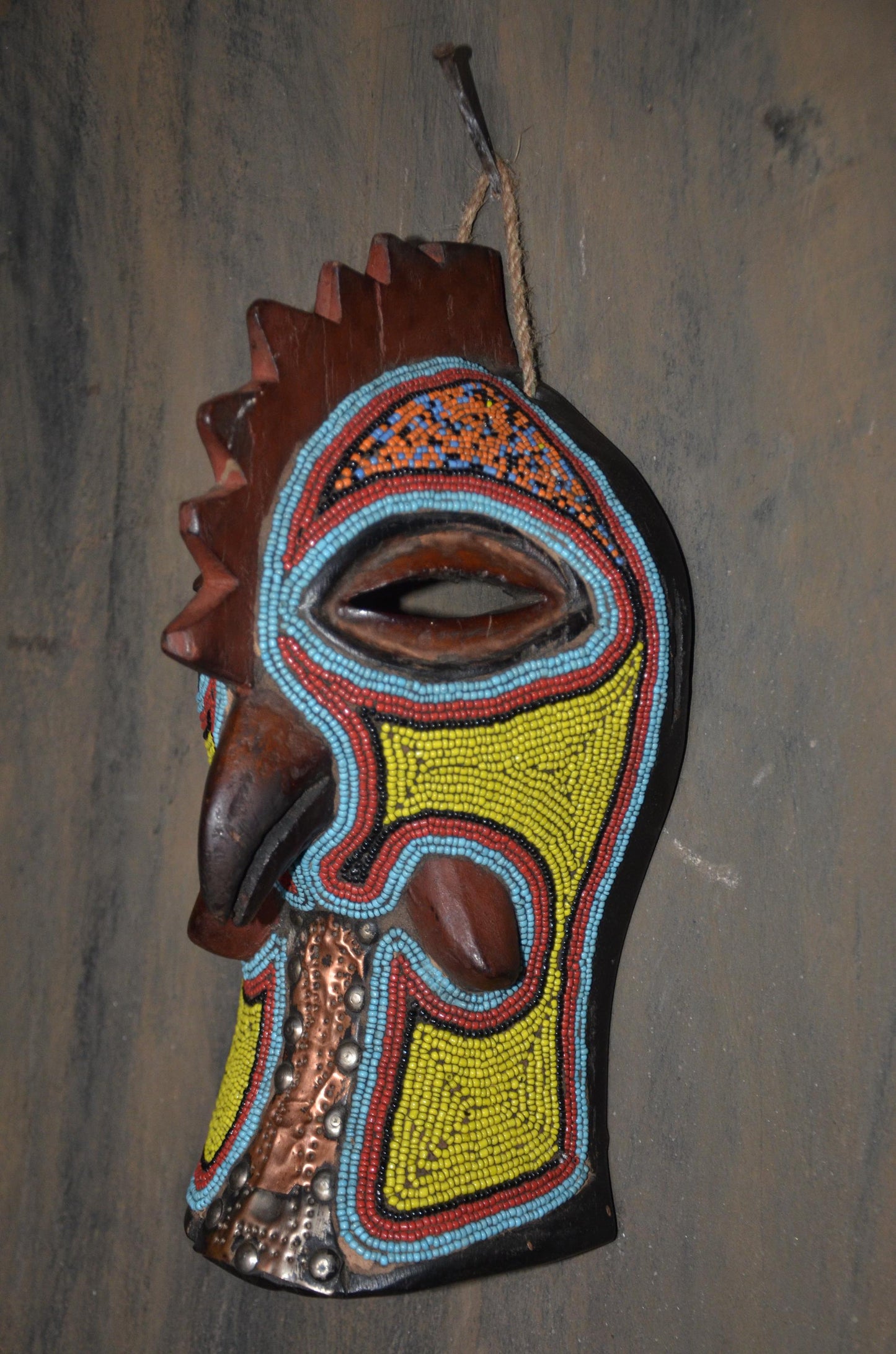 Beaded Rooster Mask – 12" Hand-Carved Wood Tribal Bird Mask – Wall Decor.