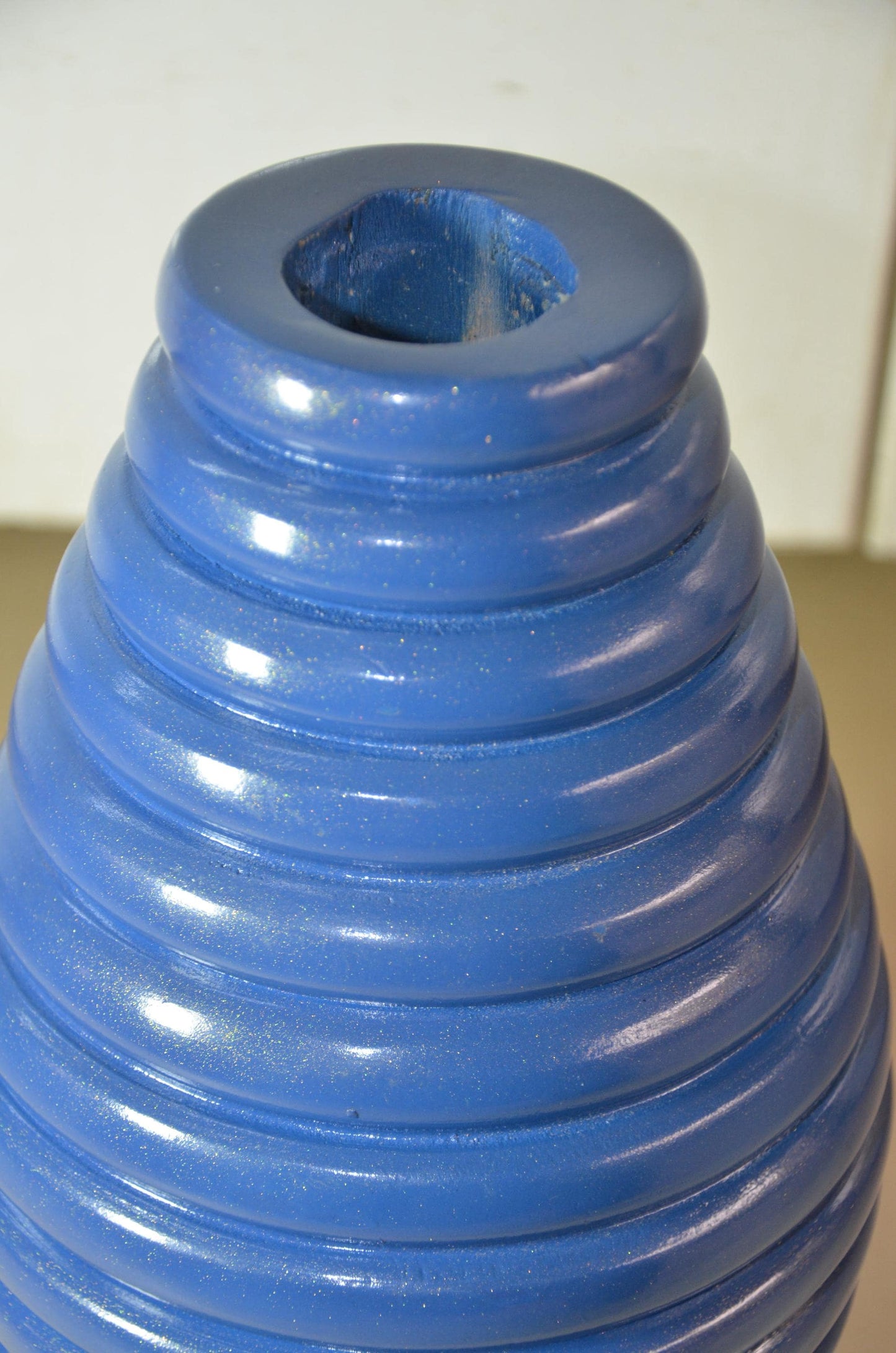 Large Blue Wooden Ribbed Vase | Cobalt Beehive Ringed Vessel | Modern Nordic Home Decor Accent Piece | Minimalist Handcrafted Wood Art
