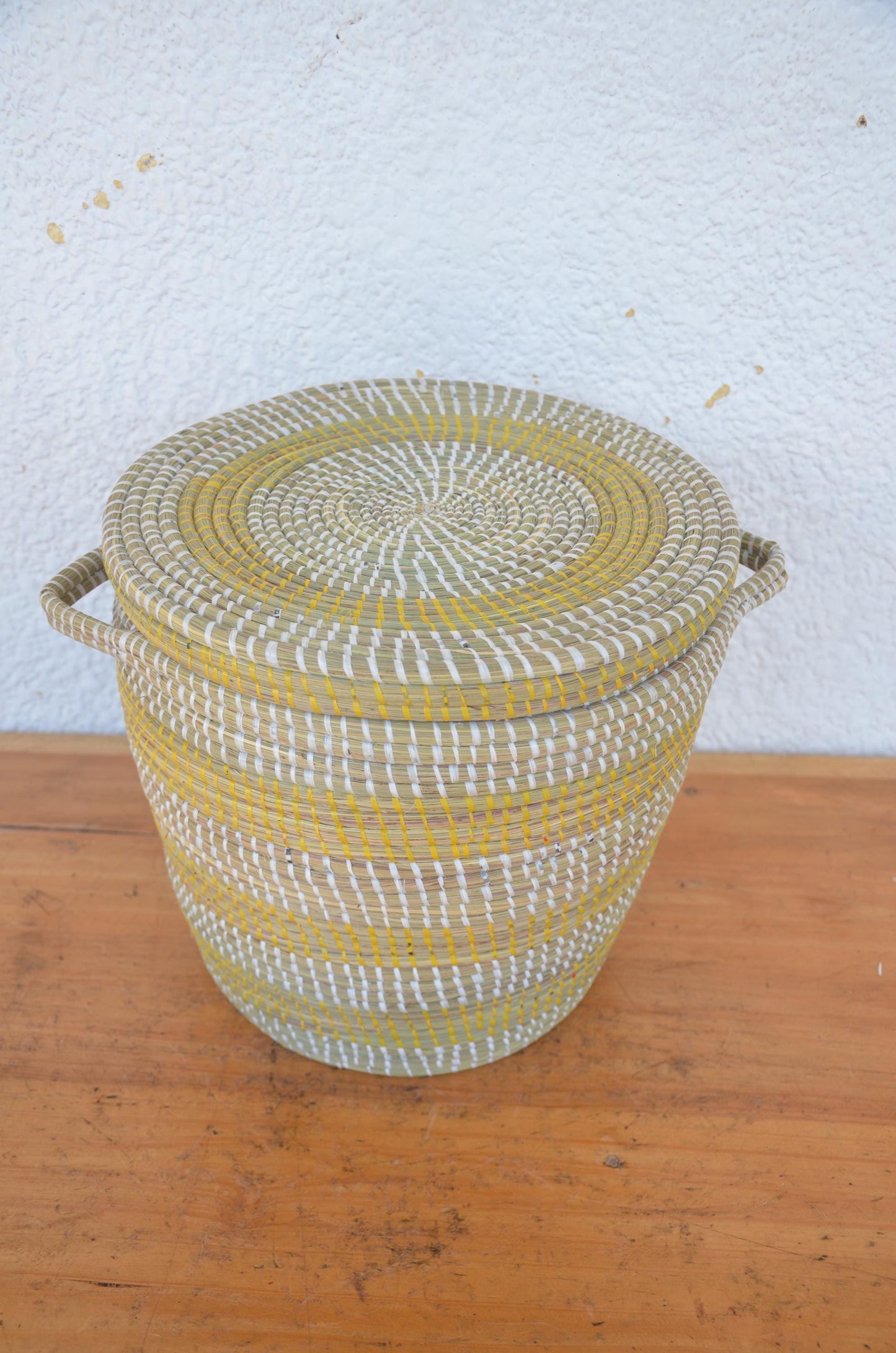 Handwoven Senegalese Coil Basket with Lid | Yellow and White Boho Storage Bin