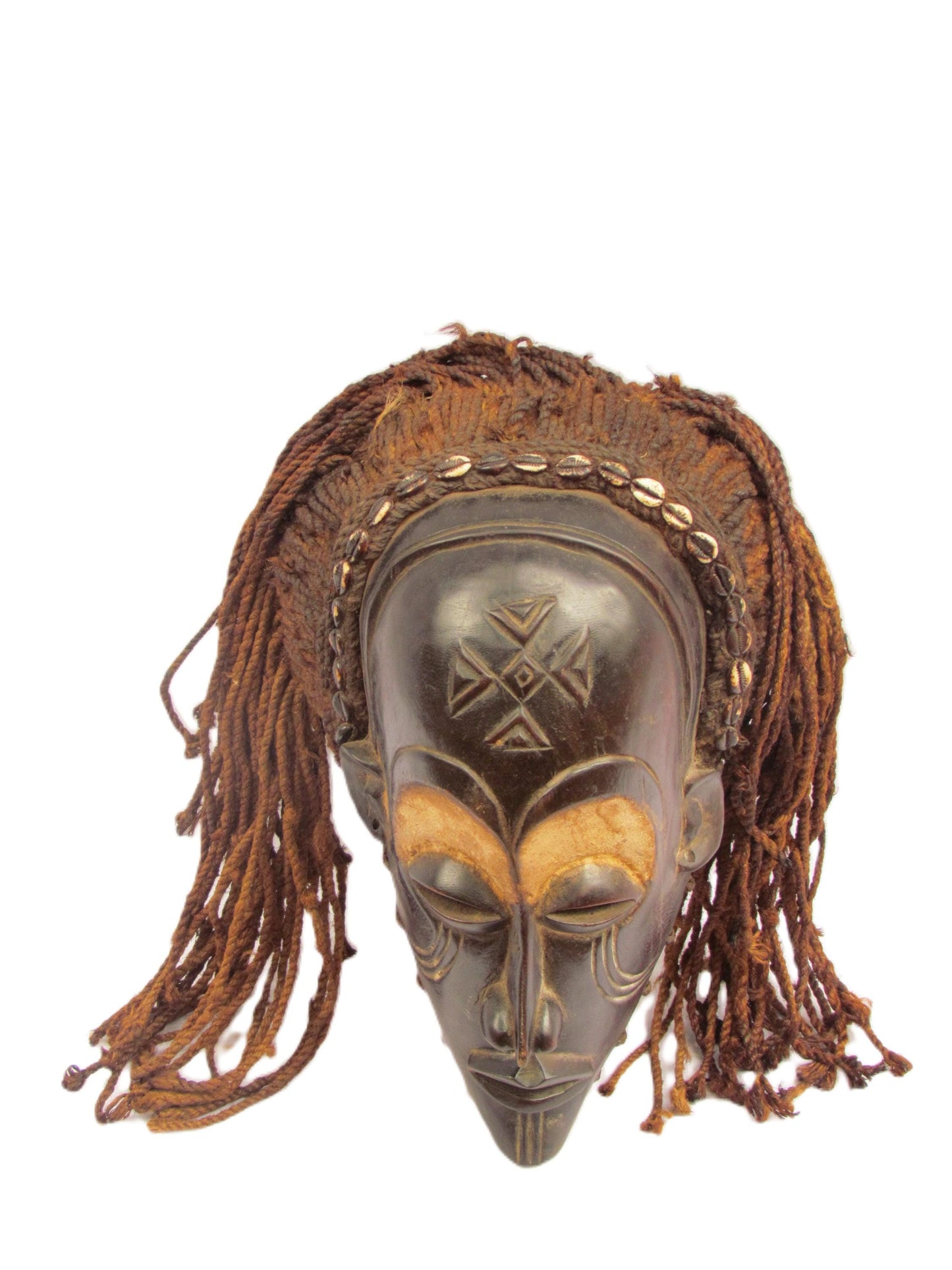 Original Hand carved Chokwe Mask Mwana Pwo with Long Brown Hair.