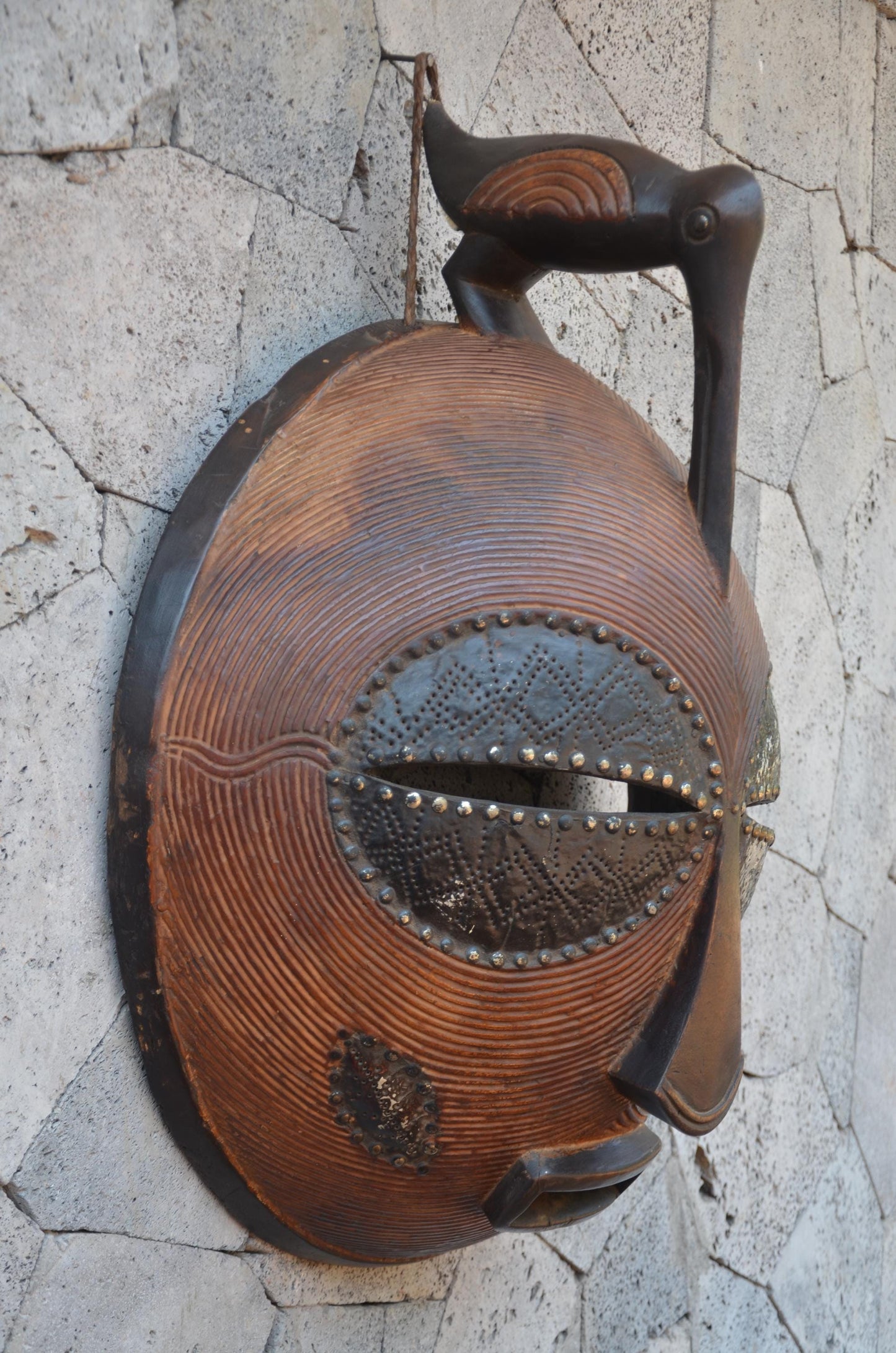 Luba Large African Mask – 33" Hand-Carved Wood & Brass Mask – Congo Wall Art.