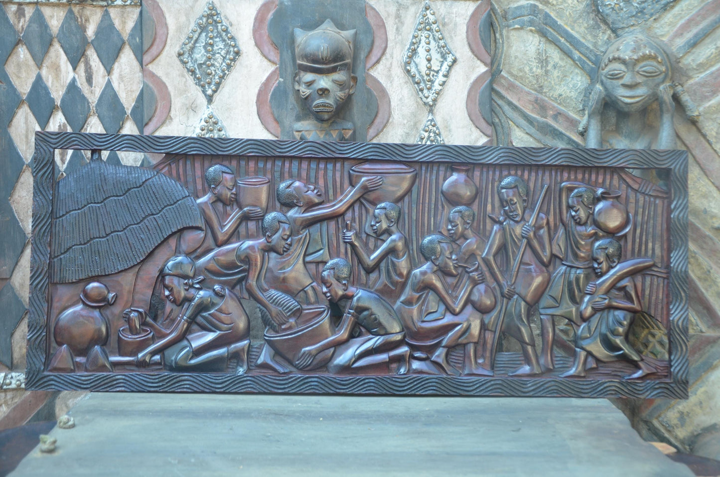 African Community Celebration Wall Plaque | Large Hand-Carved Wooden Relief Art | Village Gathering Wall Decor | Ethnic Sculptural Panel