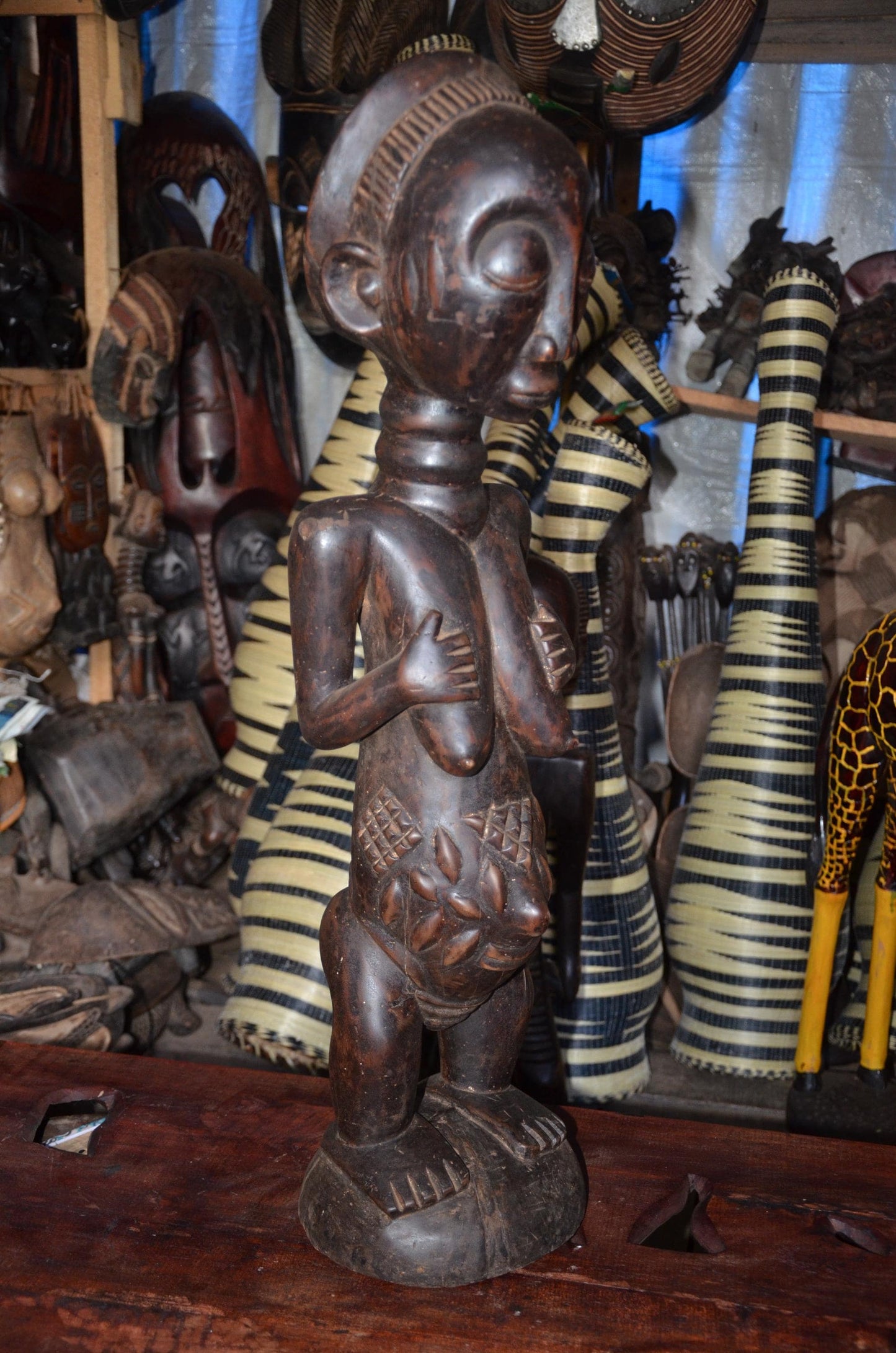 Luba Female Ancestor Fertility Figure - 29" Authentic Congo Wood Statue, Intricate Body Scarification, Prestige Tribal Art.