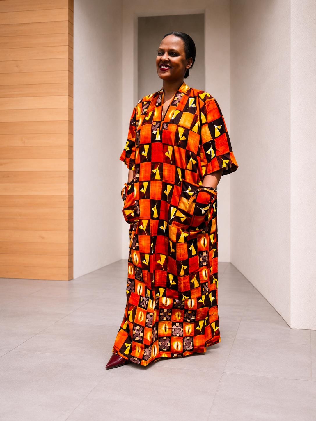 Mixed-Print Ankara Maxi Dress | Grid-Patterned African Boubou, Warm-Tone Patchwork