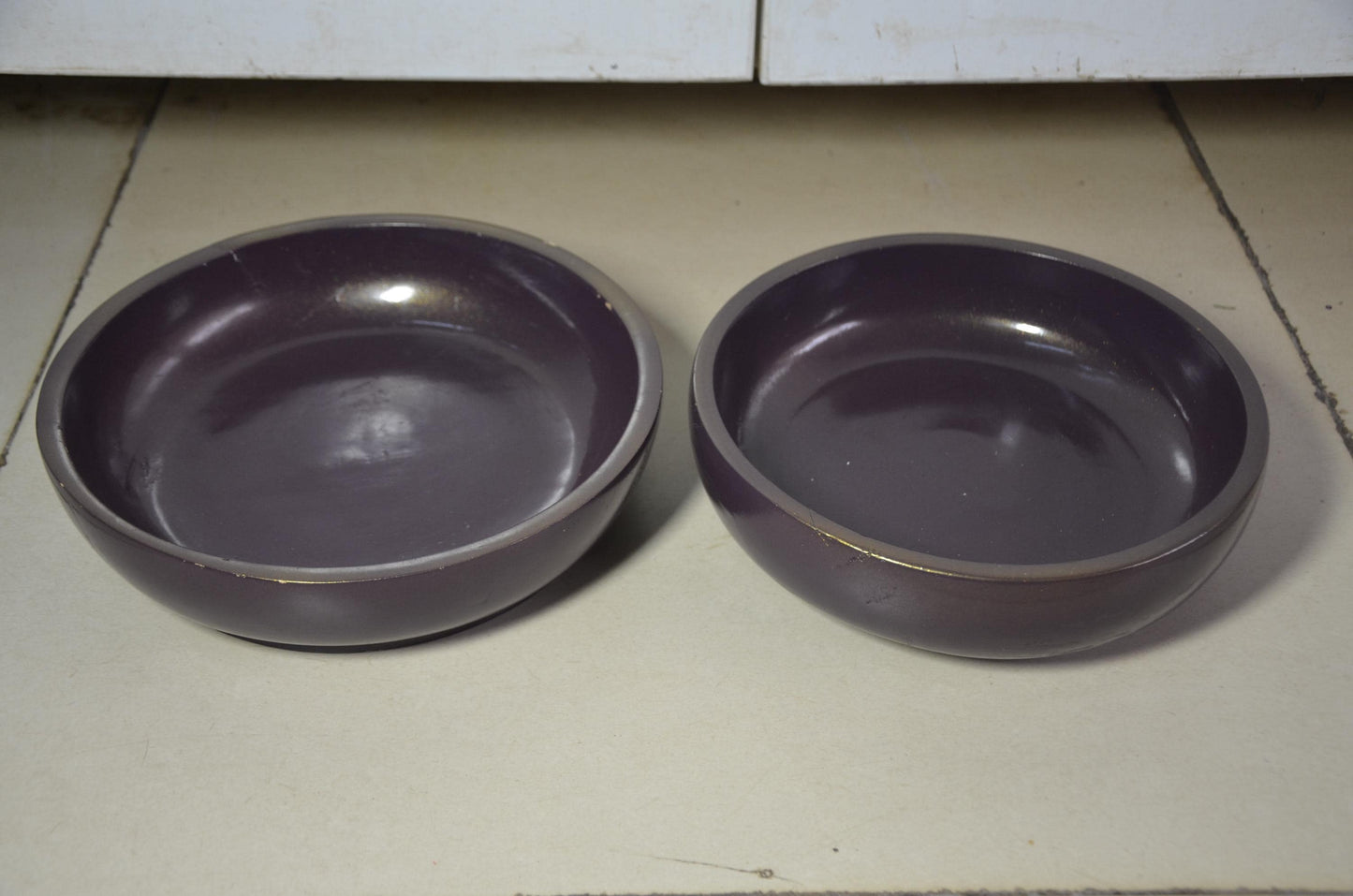 Set of 2 Purple Wooden Shallow Bowls | Plum Decorative Fruit Dish Pair
