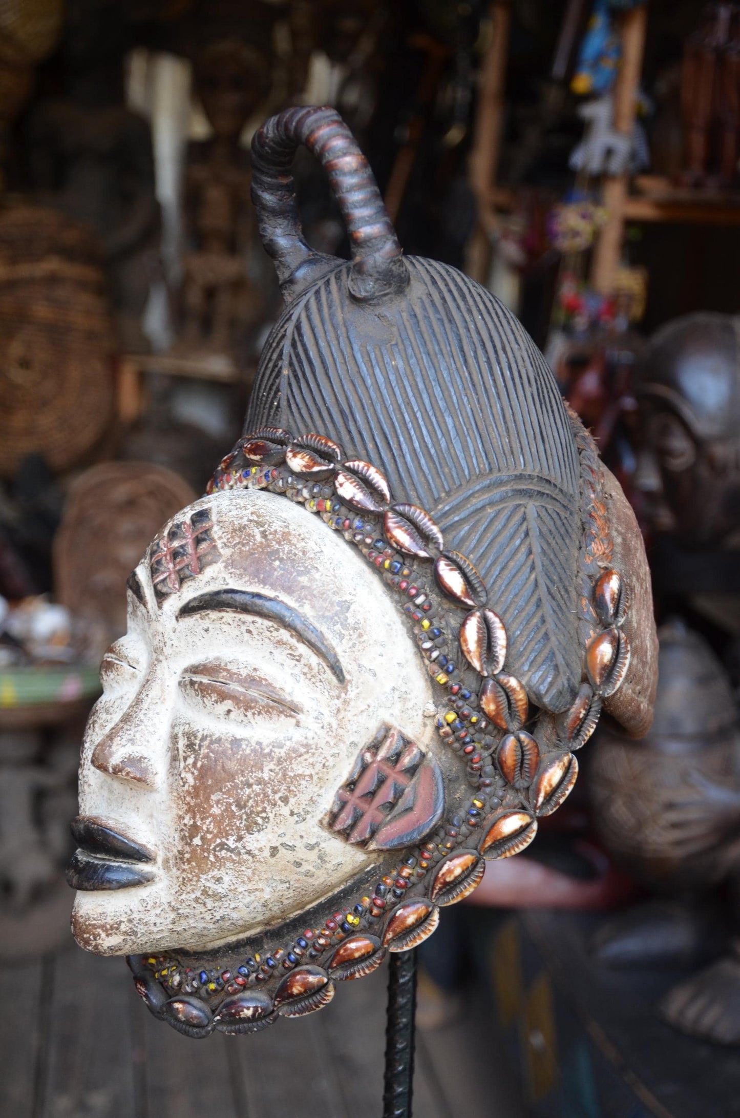 Authentic Punu Okuyi Mask – Hand-Carved Wood Female Ancestor Spirit, Cowrie Shell Trim