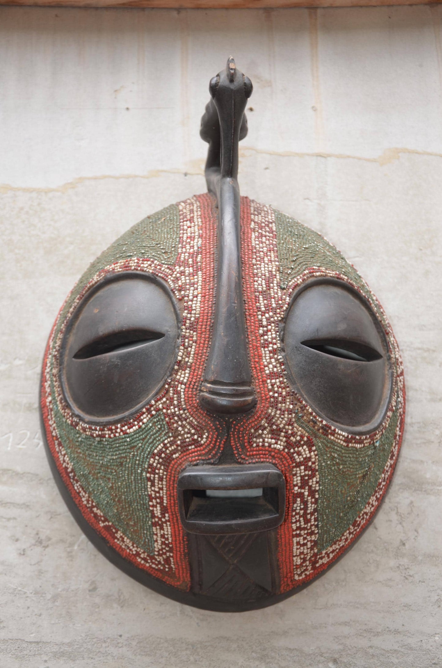 Authentic Beaded Luba Kifwebe Mask - 20" Hand-Carved Wood Striated African Mask, Congo Tribal Art, Glass Bead Accents Luxury Statement Piece