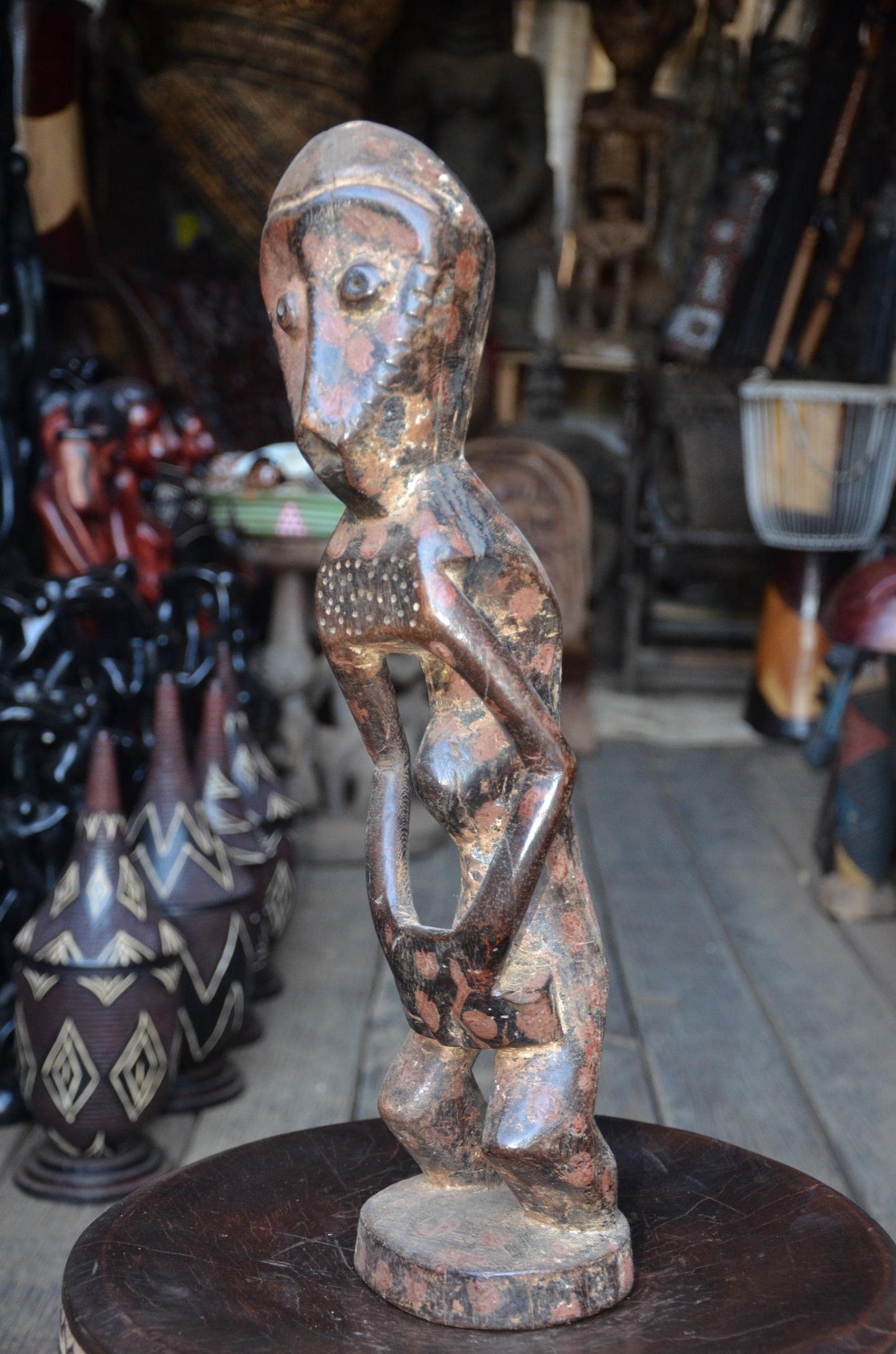 Authentic Lega Ancestor Figure - 19" Hand-Carved Wood Bwami Initiation Statue, Traditional Kaolin & Ochre Patina.