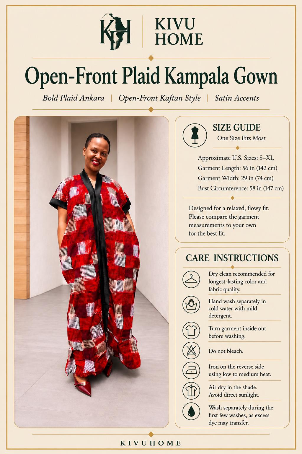 Open-Front Plaid Kampala Gown | Red Geometric Silk Kaftan, Satin-Placket Adire