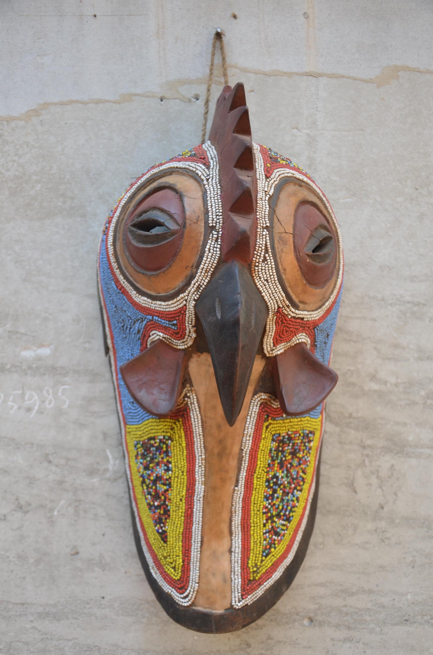 Authentic Cameroon Grassfields Beaded Rooster Mask - 17" Hand-Carved African Zoomorphic Bird Mask, Bamileke Style Beadwork Wall Sculpture.