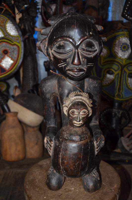 Luba Female Bowl Bearer | Mboko Wood Sculpture | Authentic Congolese Tribal Art