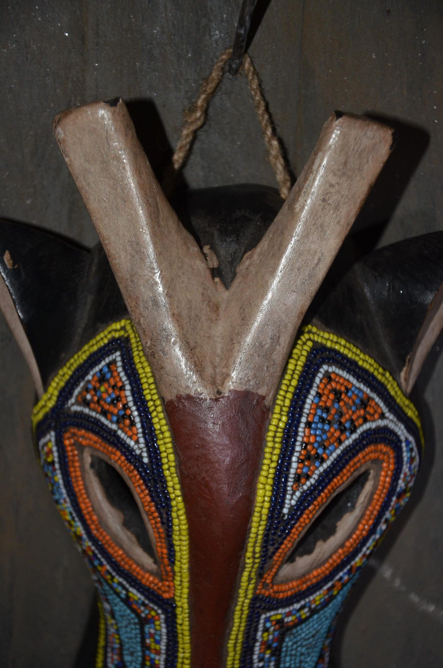 Beaded Antelope Mask – 11" Hand-Carved Wood Tribal Animal Mask – Wall Art.