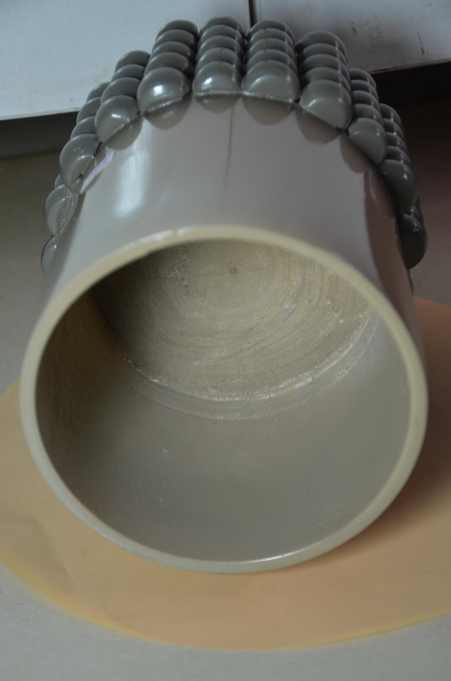 Beaded Wooden Cylinder Vase | Beige and Grey Bubble Texture Pillar Vessel