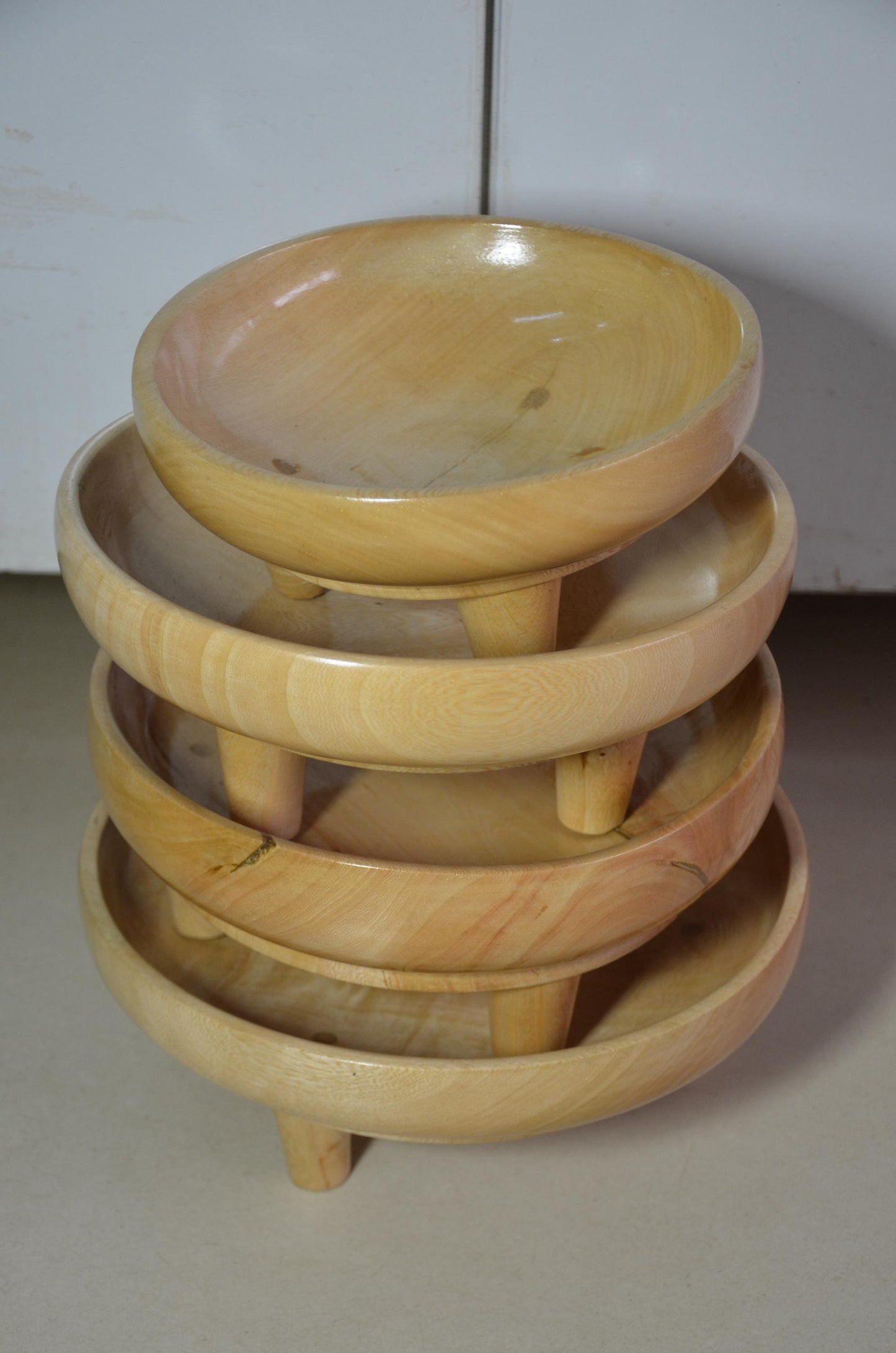 Set of 4 Footed Wooden Bowls | Natural Blonde Wood Decorative Fruit Dish Set