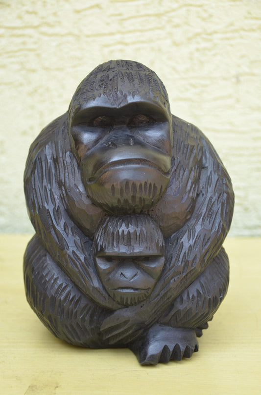 Hand Carved Wooden Mother and Baby Gorilla | Wildlife Art