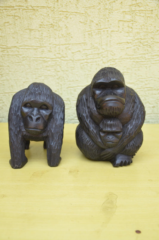 Large Hand Carved Wooden Gorilla Family Sculpture | Wildlife Art