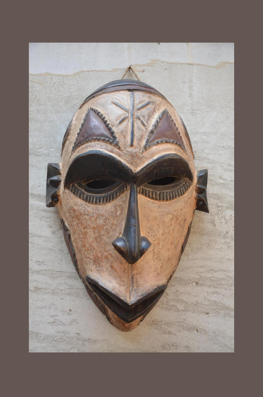Yaka Mask with Chokwe Influence - 12" Authentic Congo Wood Carving, Polychrome Geometric Face Mask, High-End African Tribal Wall Sculpture.
