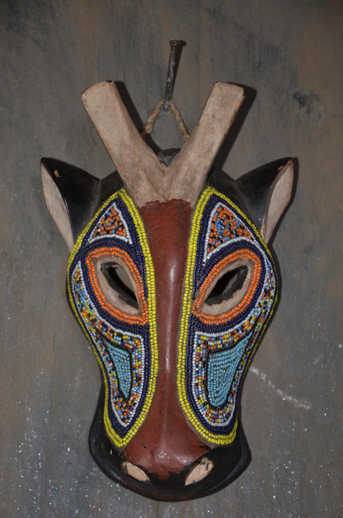 Beaded Antelope Mask – 11" Hand-Carved Wood Tribal Animal Mask – Wall Art.