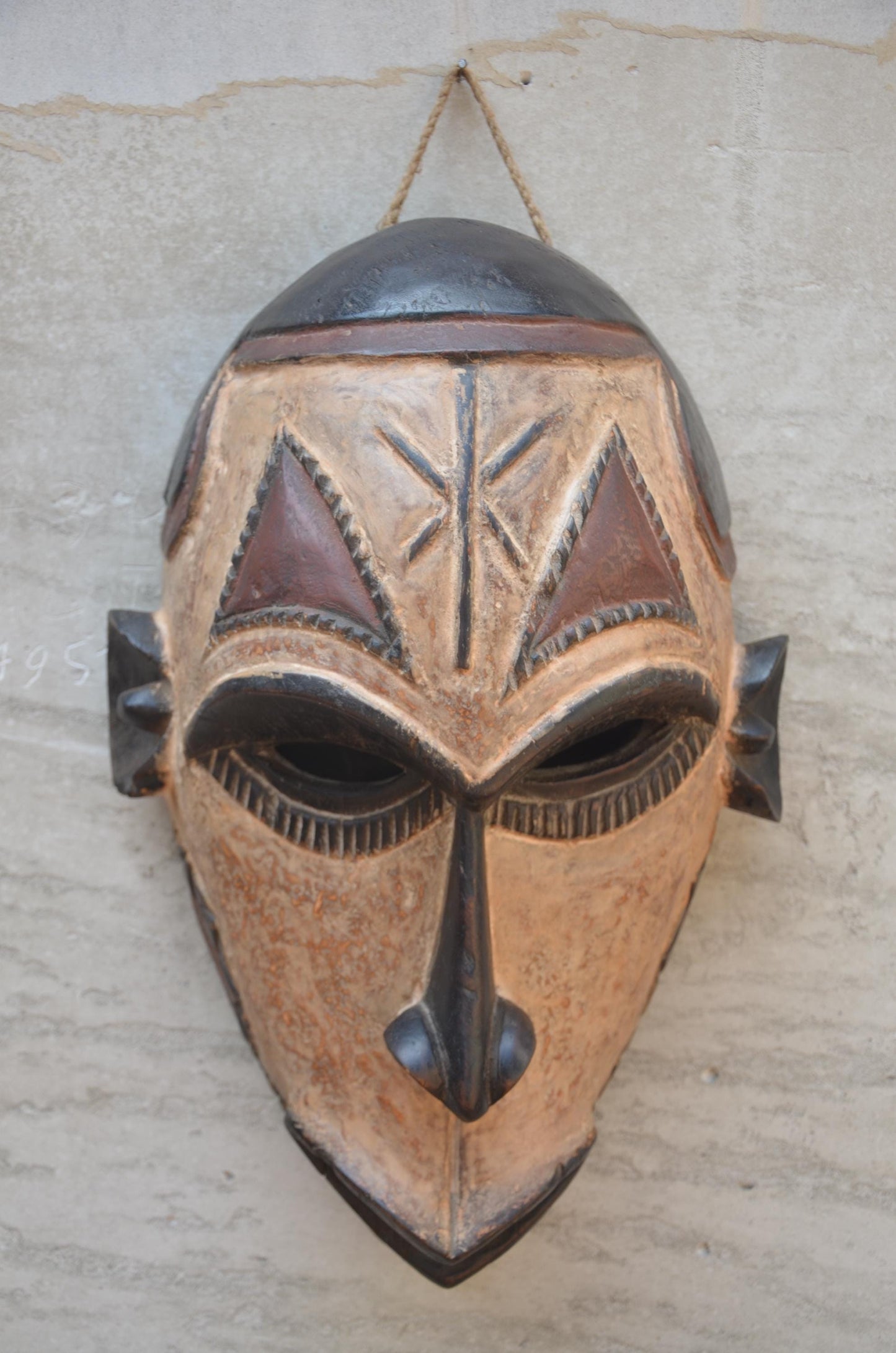 Yaka Mask with Chokwe Influence - 12" Authentic Congo Wood Carving, Polychrome Geometric Face Mask, High-End African Tribal Wall Sculpture.