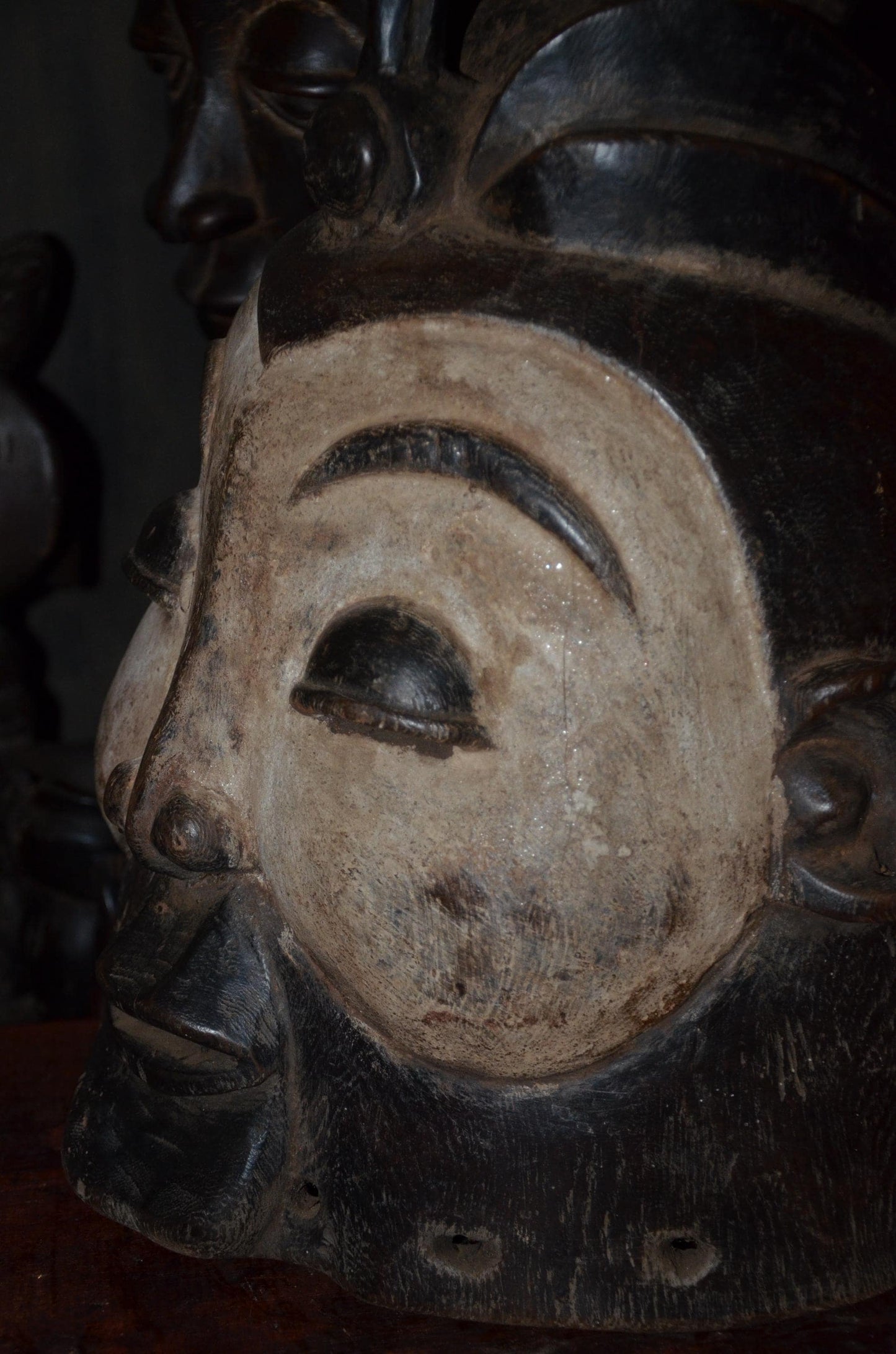 Lega Ceremonial Prestige Hat - 19" Authentic Congo Helmet Mask, Striking Kaolin Face, African Initiation Art.