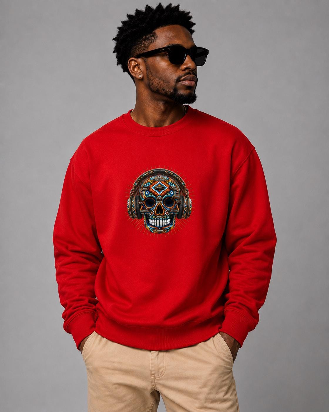Beaded Skull Sweatshirt, African Inspired Geometric Skull Crewneck, Halloween Streetwear