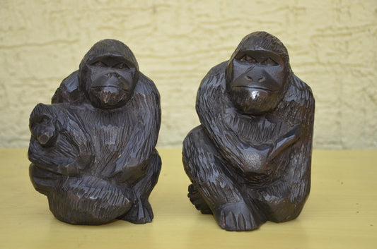 Hand Carved Wooden Gorilla Family Sculpture | Wildlife Art