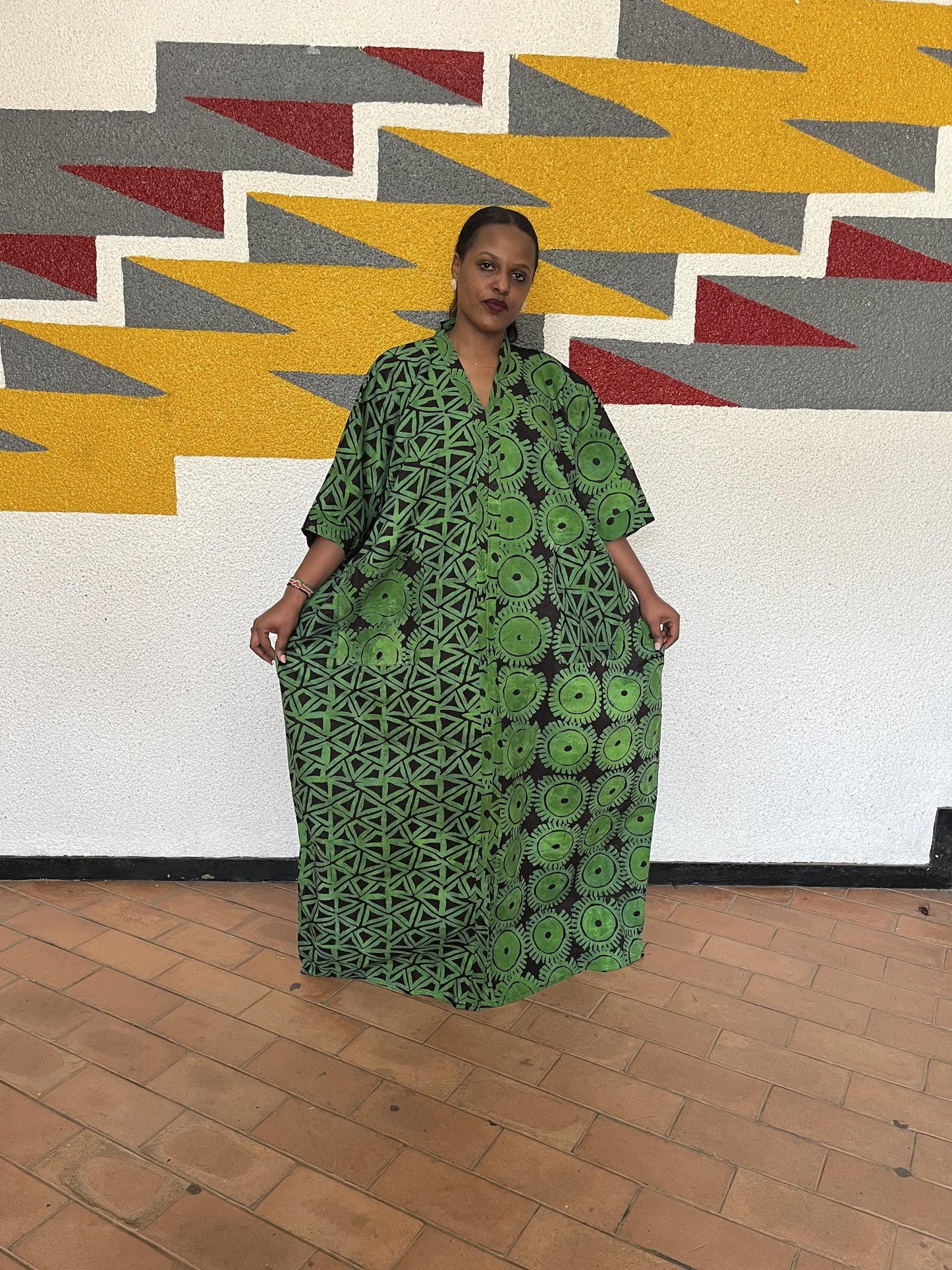 Asymmetrical Graphic Ankara Boubou Gown | Split-Print African Kaftan, Geometric & Celestial Maxi