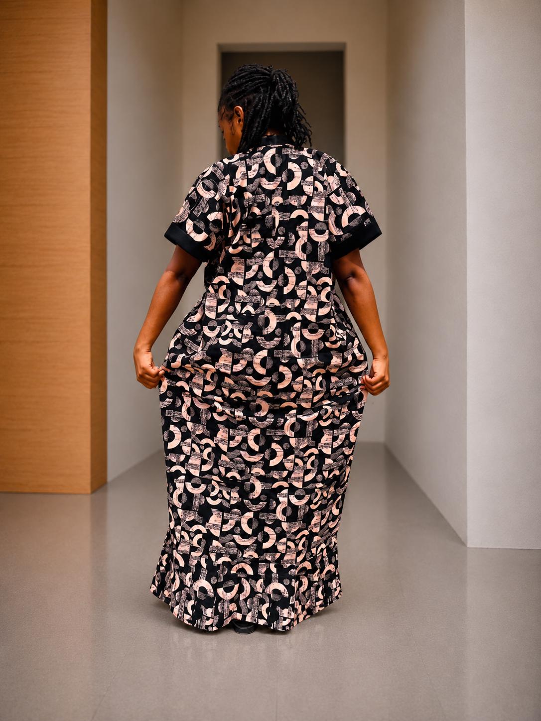 Open-Front Ankara Kaftan | Silk-Trimmed Boubou Gown, Monochromatic Bubu