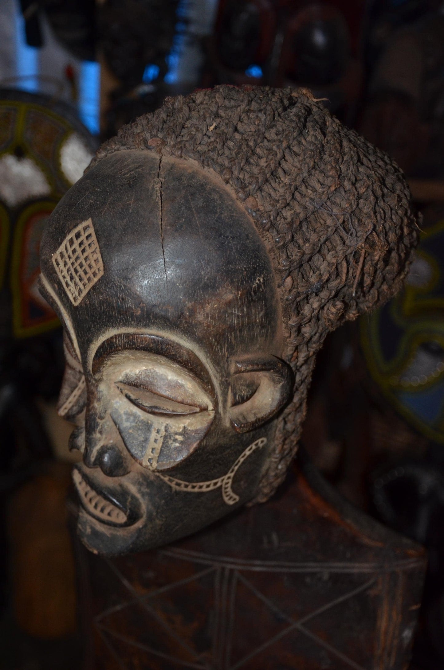 Authentic Chokwe Pwo Mask - 14" Hand-Carved Wood Female Ancestor Portrait Sculpture, Traditional Kaolin Infill.