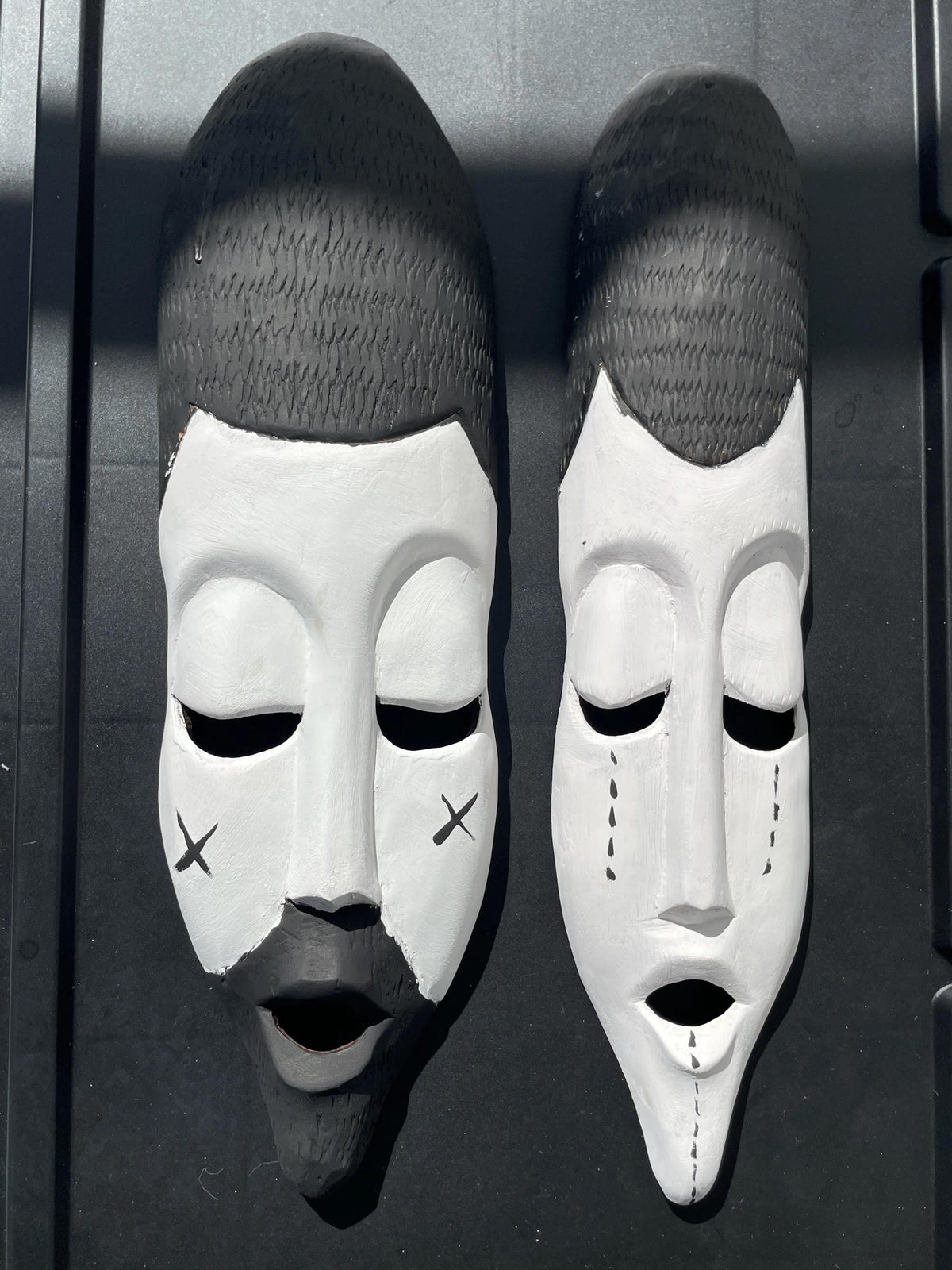 Rwandan Basinga Mask Pair â€“ Hand-Carved King and Queen African Wood Wall Art, Black & White Decor
