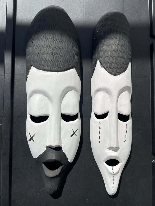 Rwandan Basinga Mask Pair â€“ Hand-Carved King and Queen African Wood Wall Art, Black & White Decor
