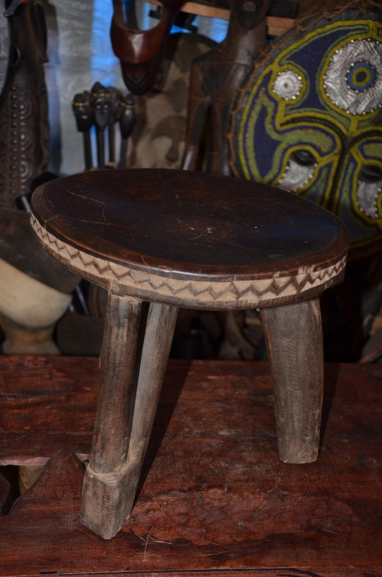 Authentic Kamba / Senufo Three-Legged Stool - 14" Hand-Carved African Wood Prestige Stool, Incised Geometric Rim.