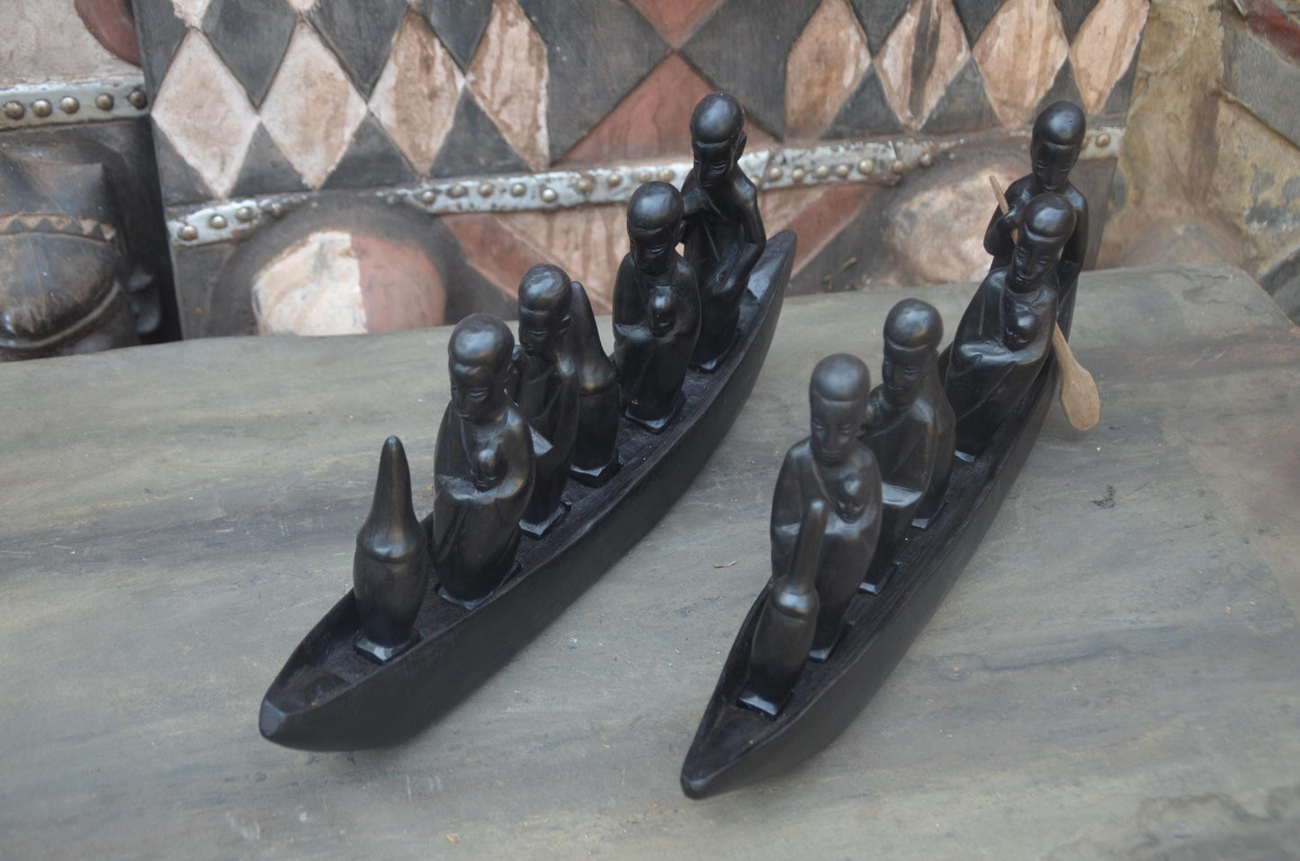 Set of 2 Hand-Carved African Canoe Sculptures | Fisherman Decor