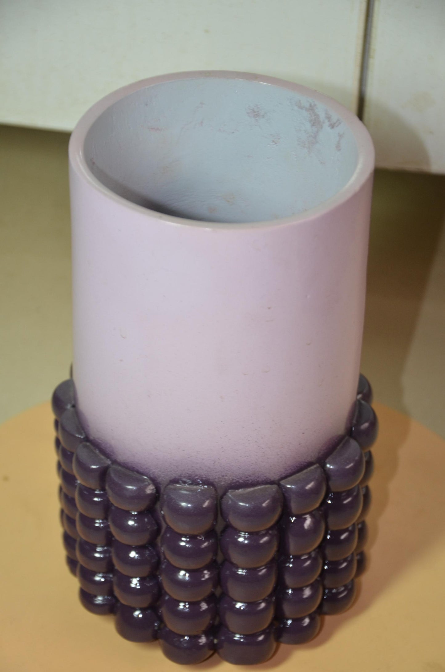 Beaded Wooden Cylinder Vase | Pink and Purple Bubble Texture Pillar Vessel