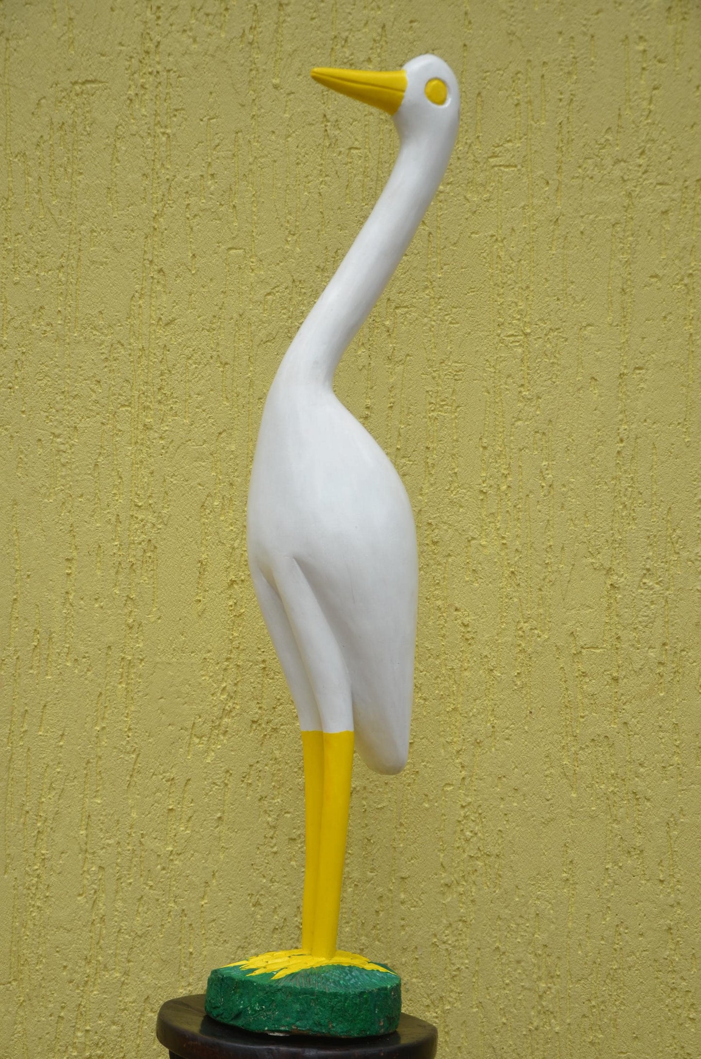White Crane Garden Statue – 32" Hand-Carved Wood Egret Heron Outdoor Decor.