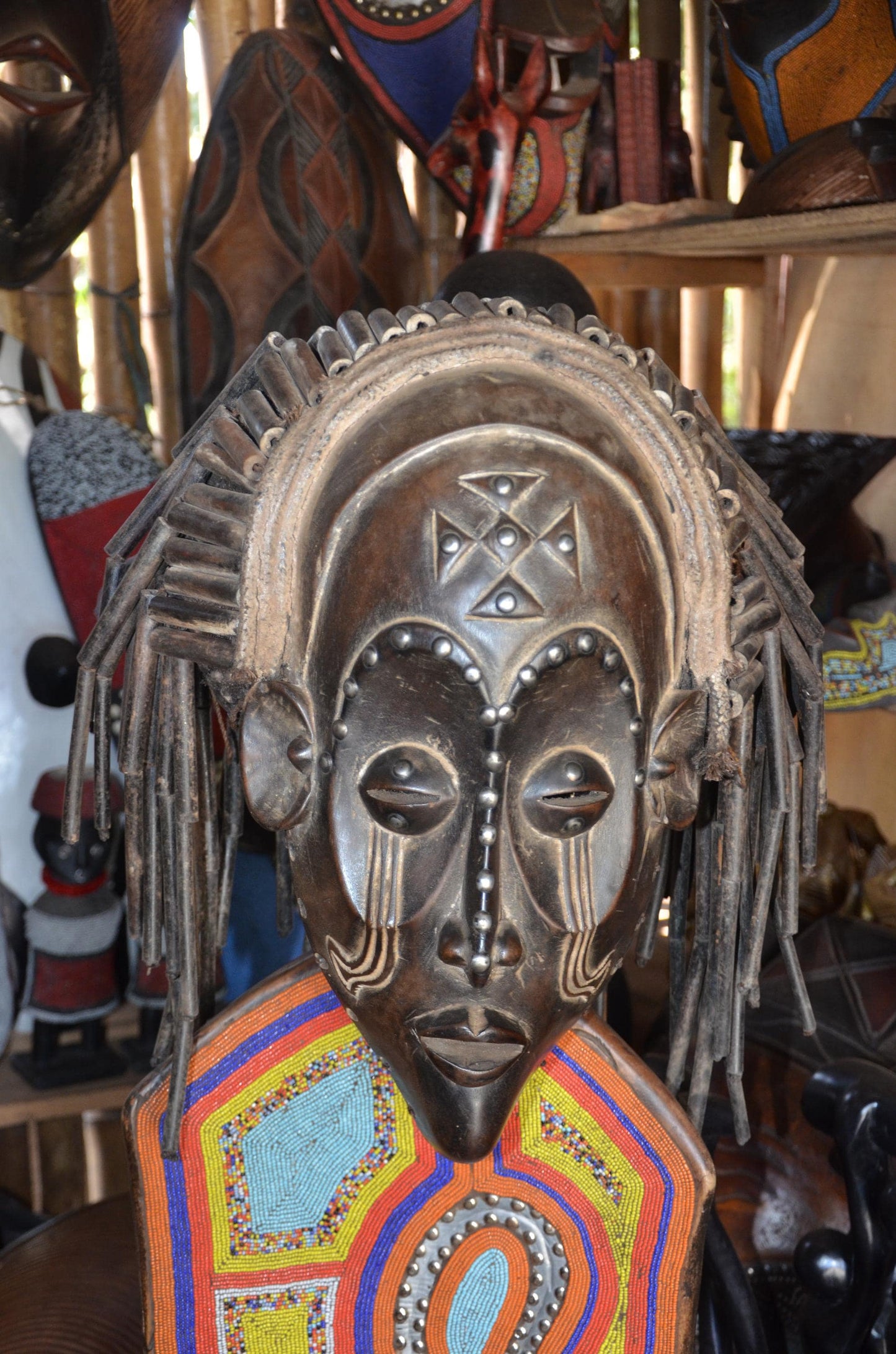Authentic African Chokwe Mwana Pwo Mask - 19" Beaded Stand Display, Metallic Stud Details, Elegant Angola Tribal Wood Carving.
