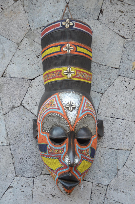 Yoruba Beaded Mask – 38" Large Hand-Carved Wood & Brass Mask – Wall Art