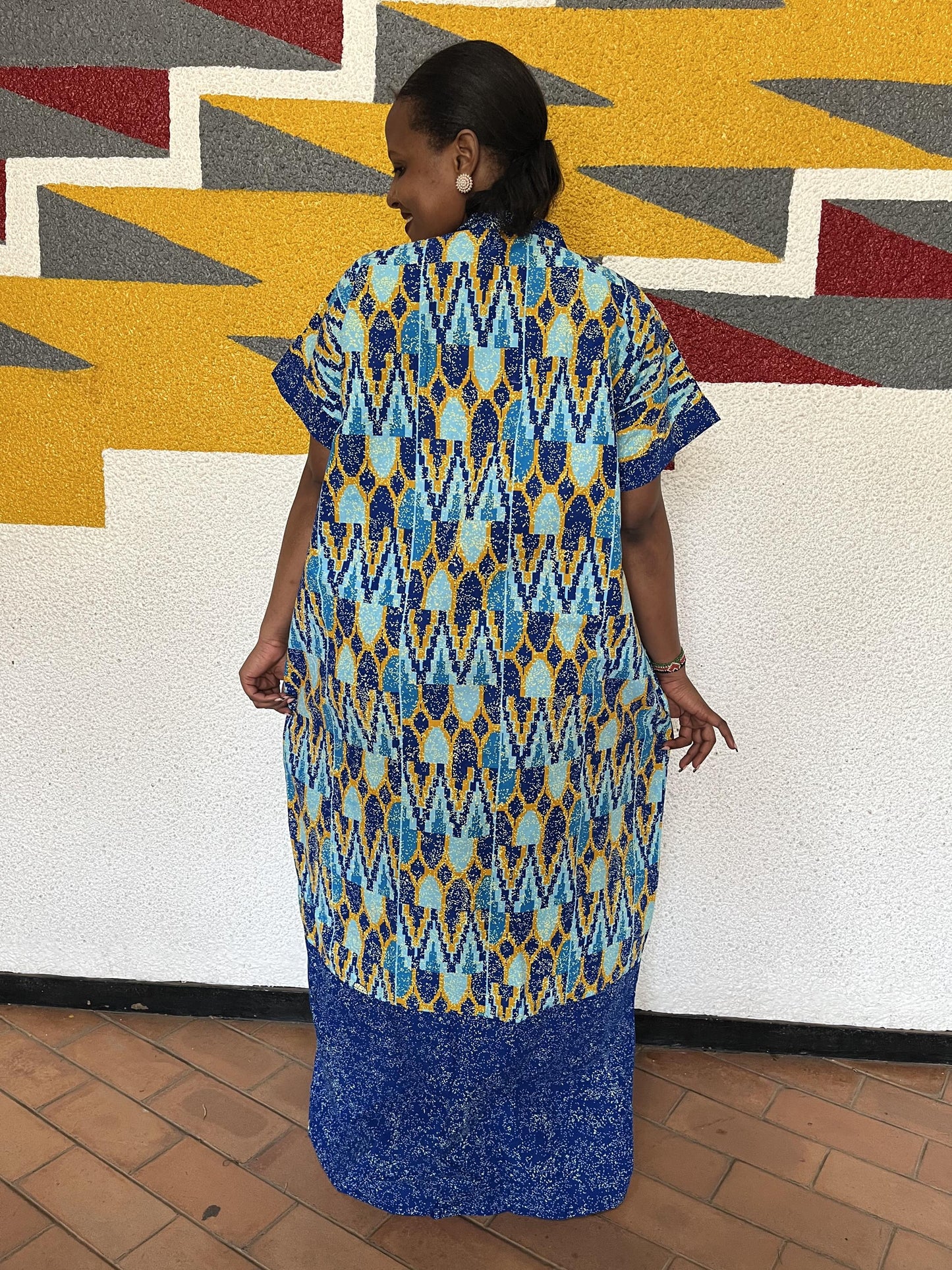 Royal Blue Geometric Shirt Kaftan | Buttoned Chevron-Ikat Boubou, Block-Hem Maxi