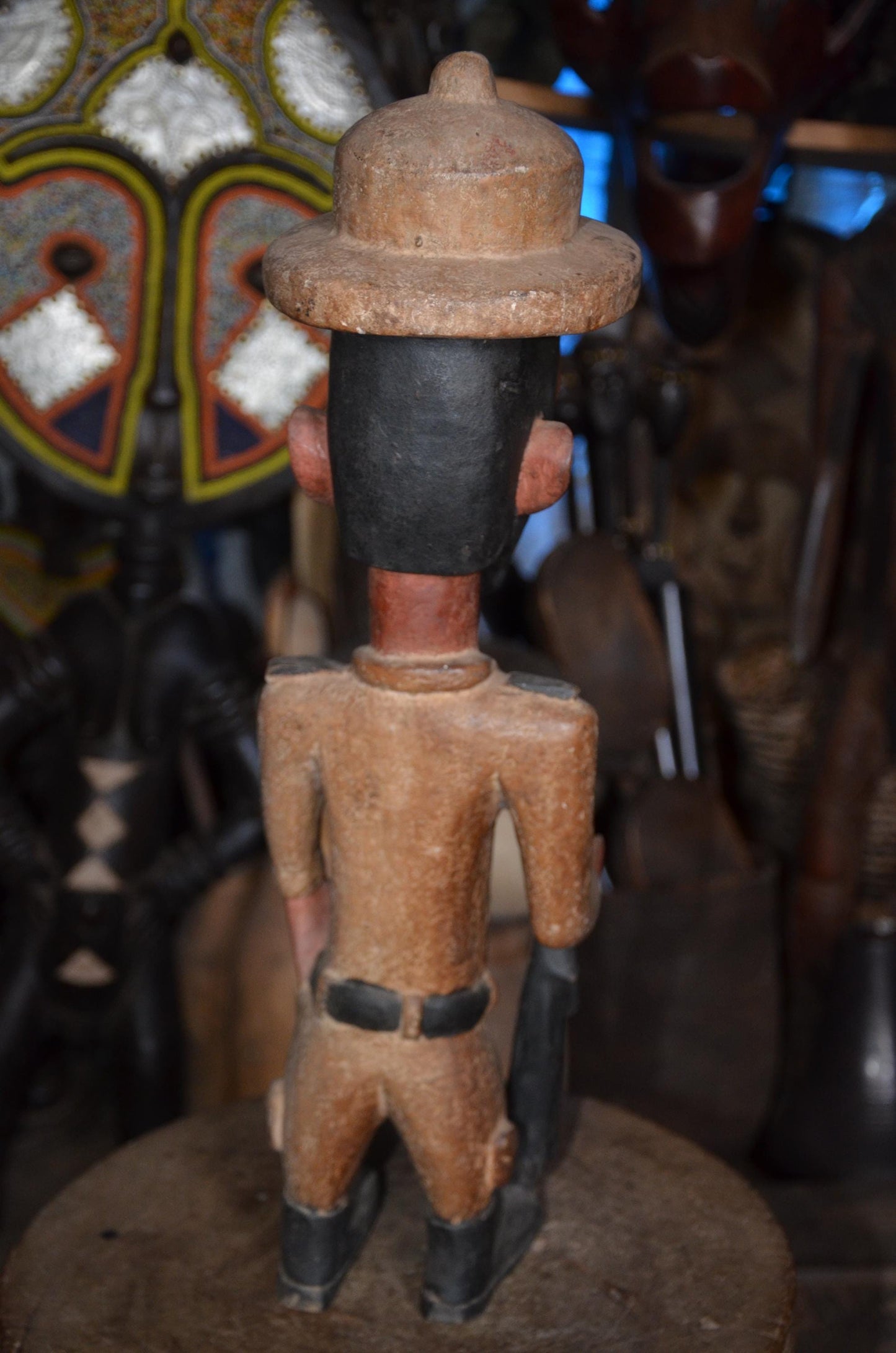 Large African Colon Statue - 28" Hand-Carved Wooden Colonial Soldier Figurine, Armed Guard / Hunter with Rifle.