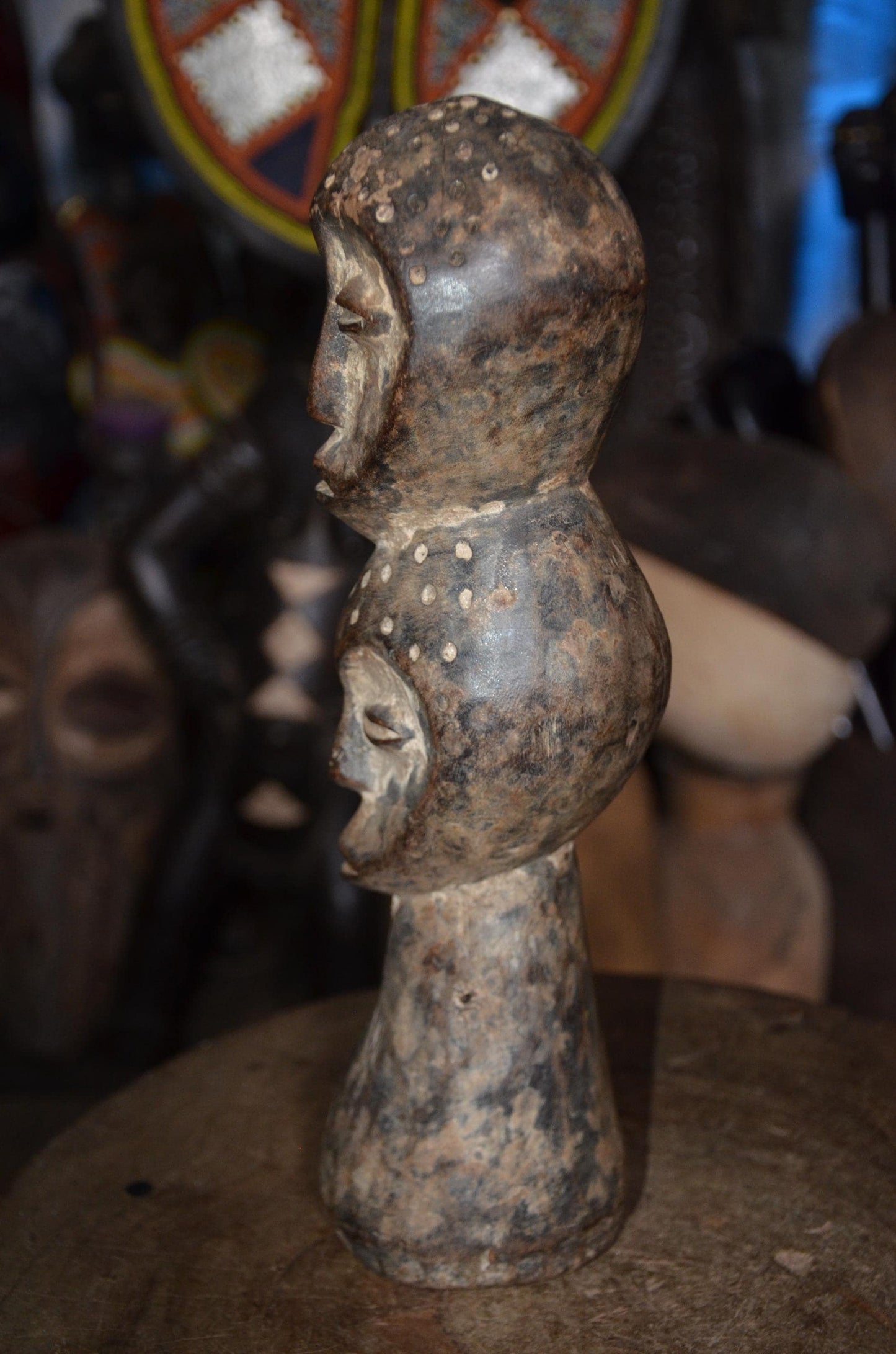 Authentic Lega Multi-Headed Figure - 13" Hand-Carved Wood Sakmatwematwe Sculpture, Traditional Kaolin Clay Patina.