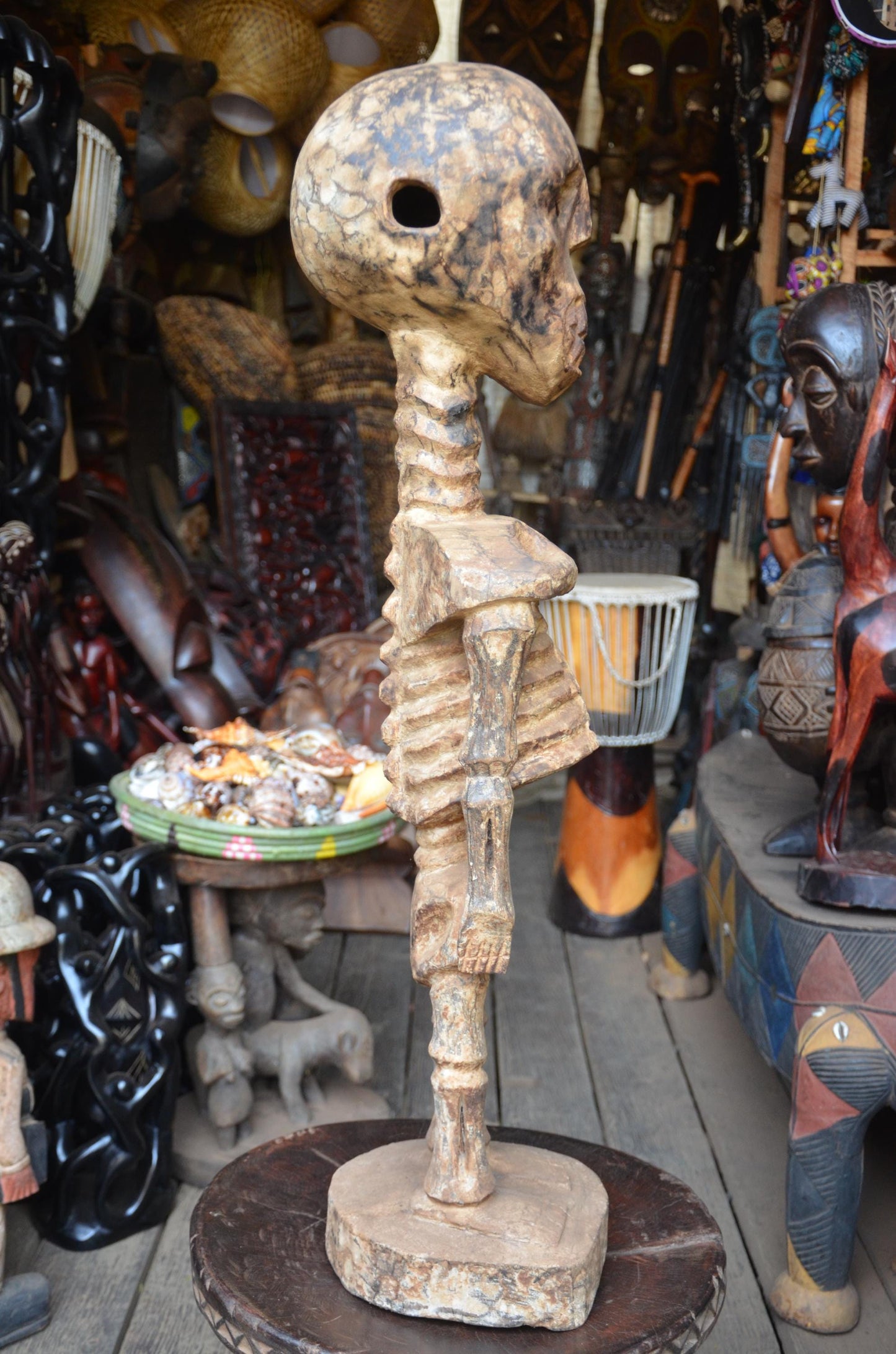 Kuyu or Mumuye Skeleton Figure - 35" Large Authentic Wood Carving, Ancestor Memento Mori Statue, Striking Primitive Art.